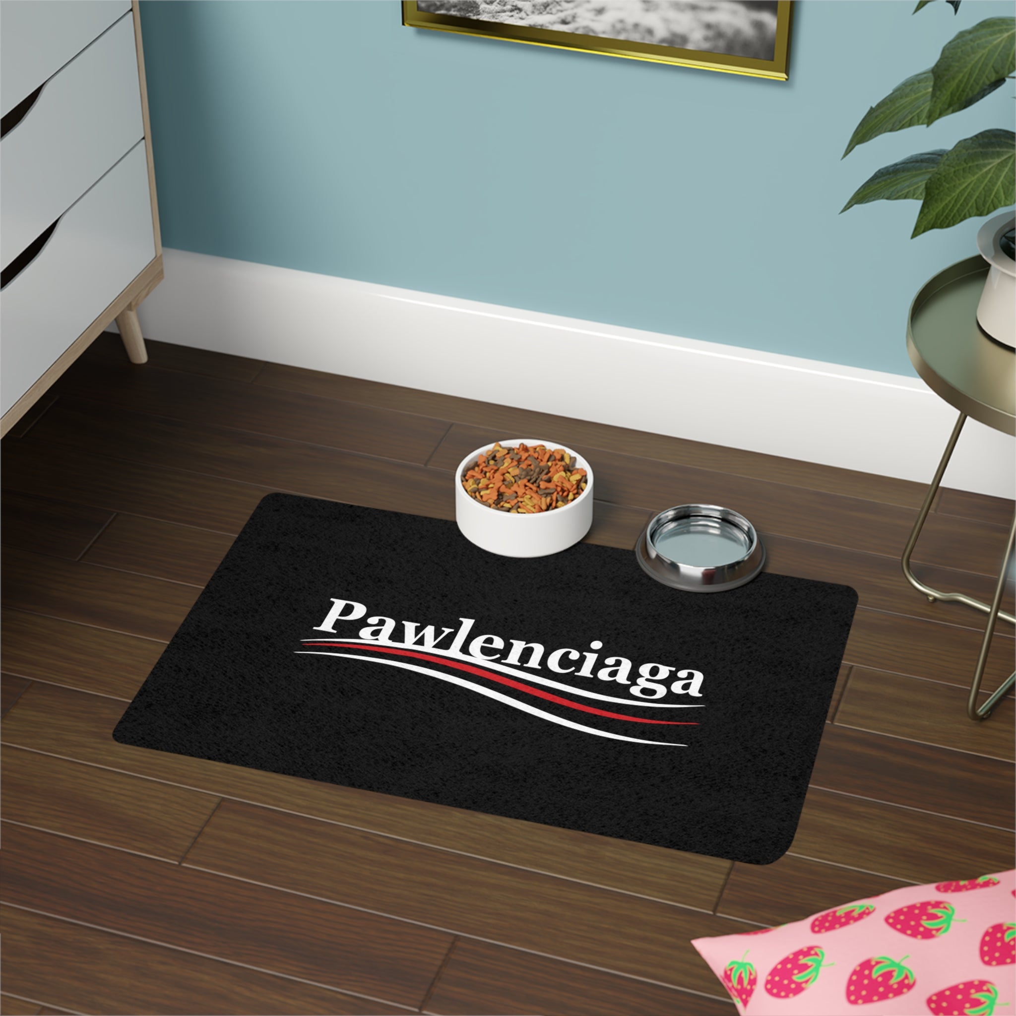 Pawlenciaga feeding mat black designer pet food mat with food and water bowls by Mad Cat Cartel