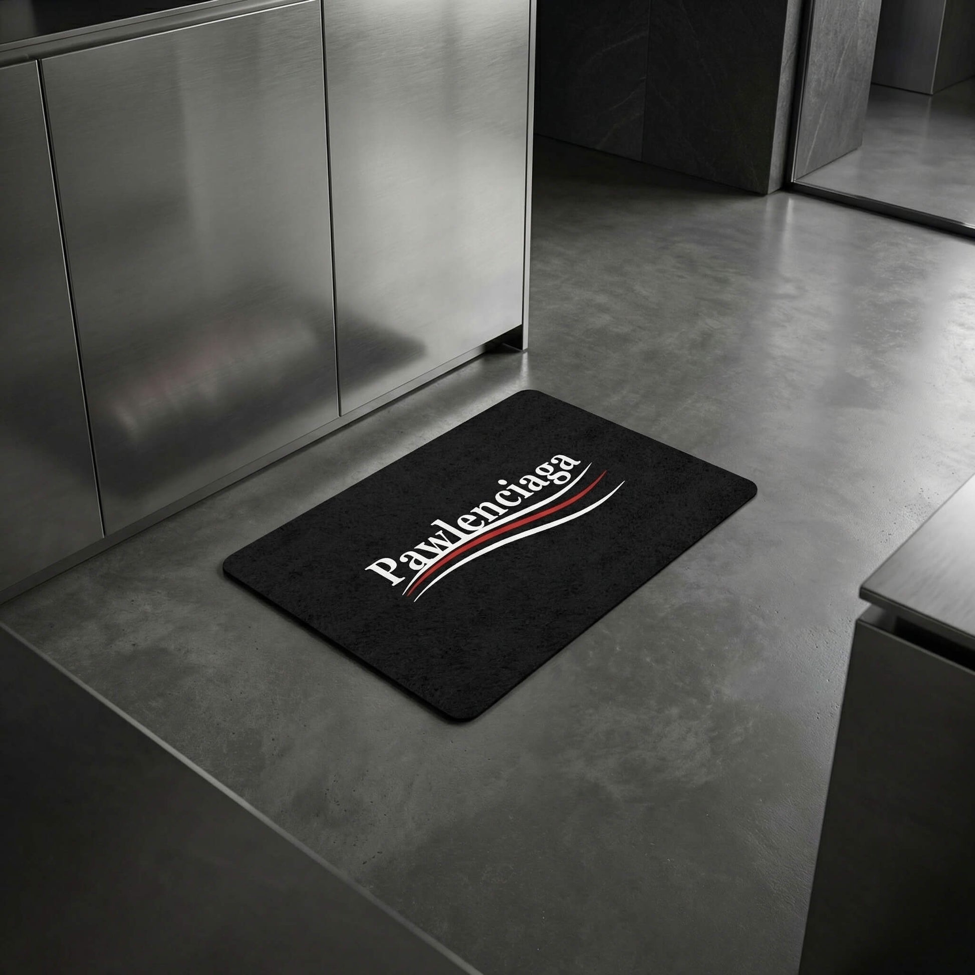 Pawlenciaga cat feeding mat black food mat in kitchen setting by Mad Cat Cartel