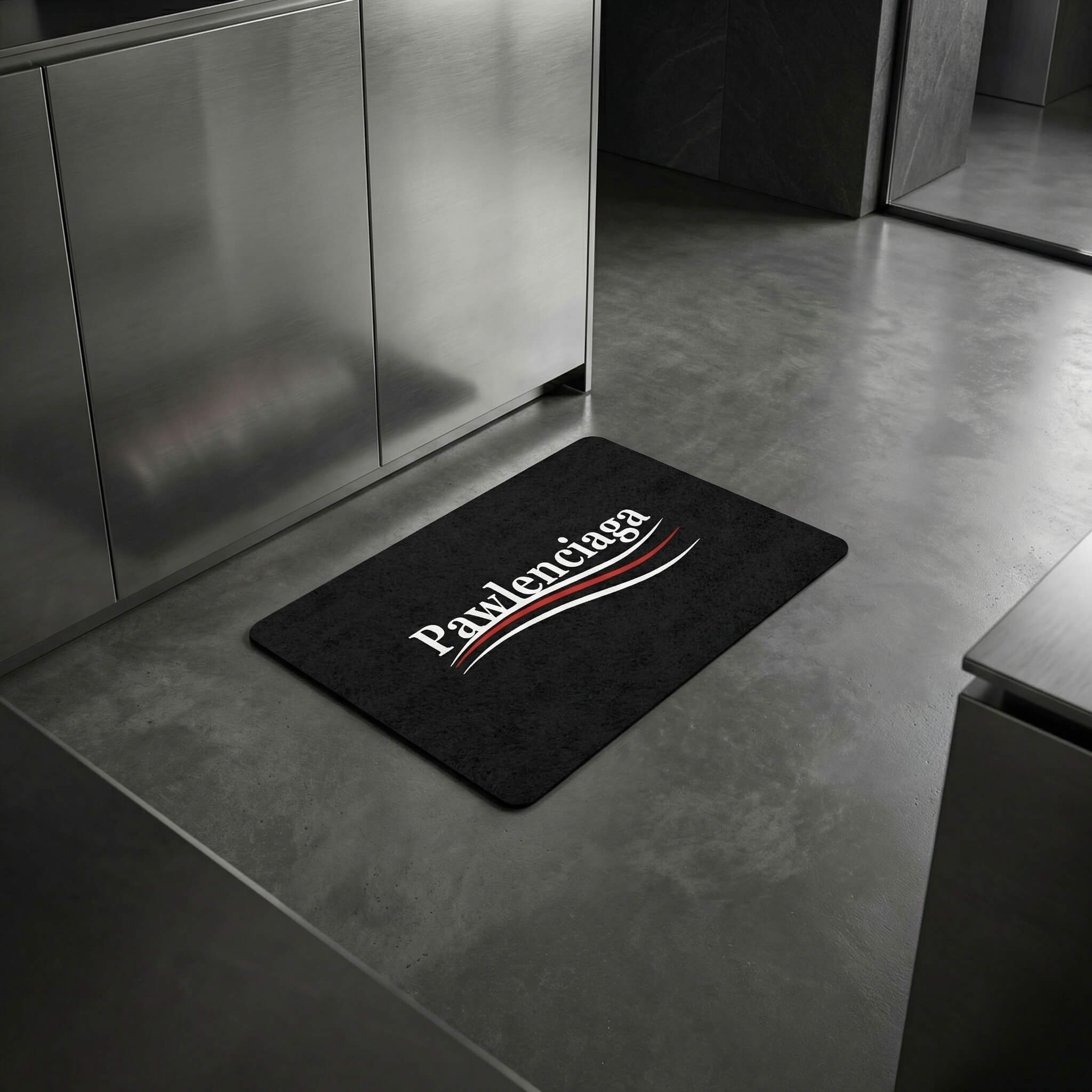 Pawlenciaga cat feeding mat black food mat in kitchen setting by Mad Cat Cartel