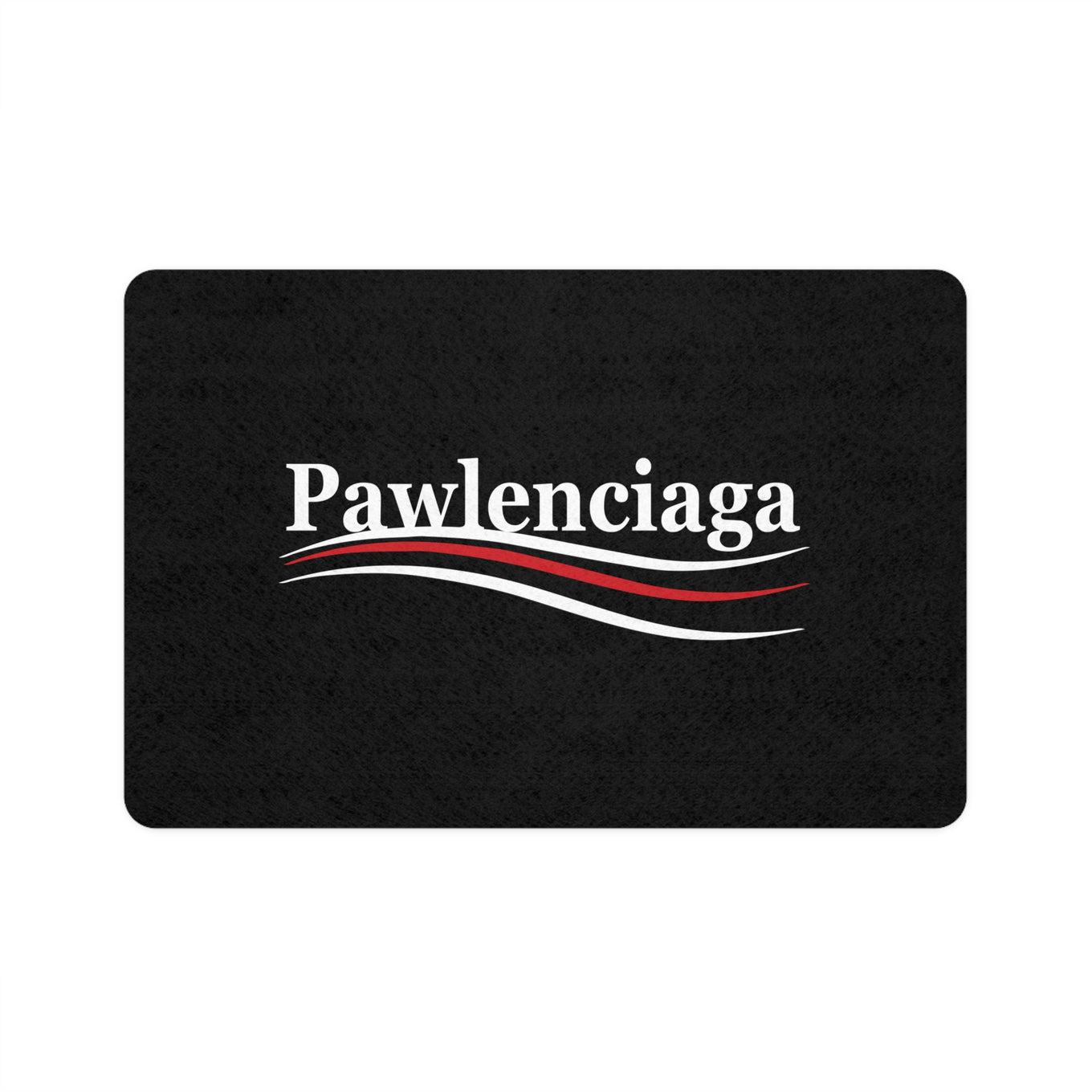 Pawlenciaga food mat black designer pet feeding mat with white logo and red wave detail by Mad Cat Cartel