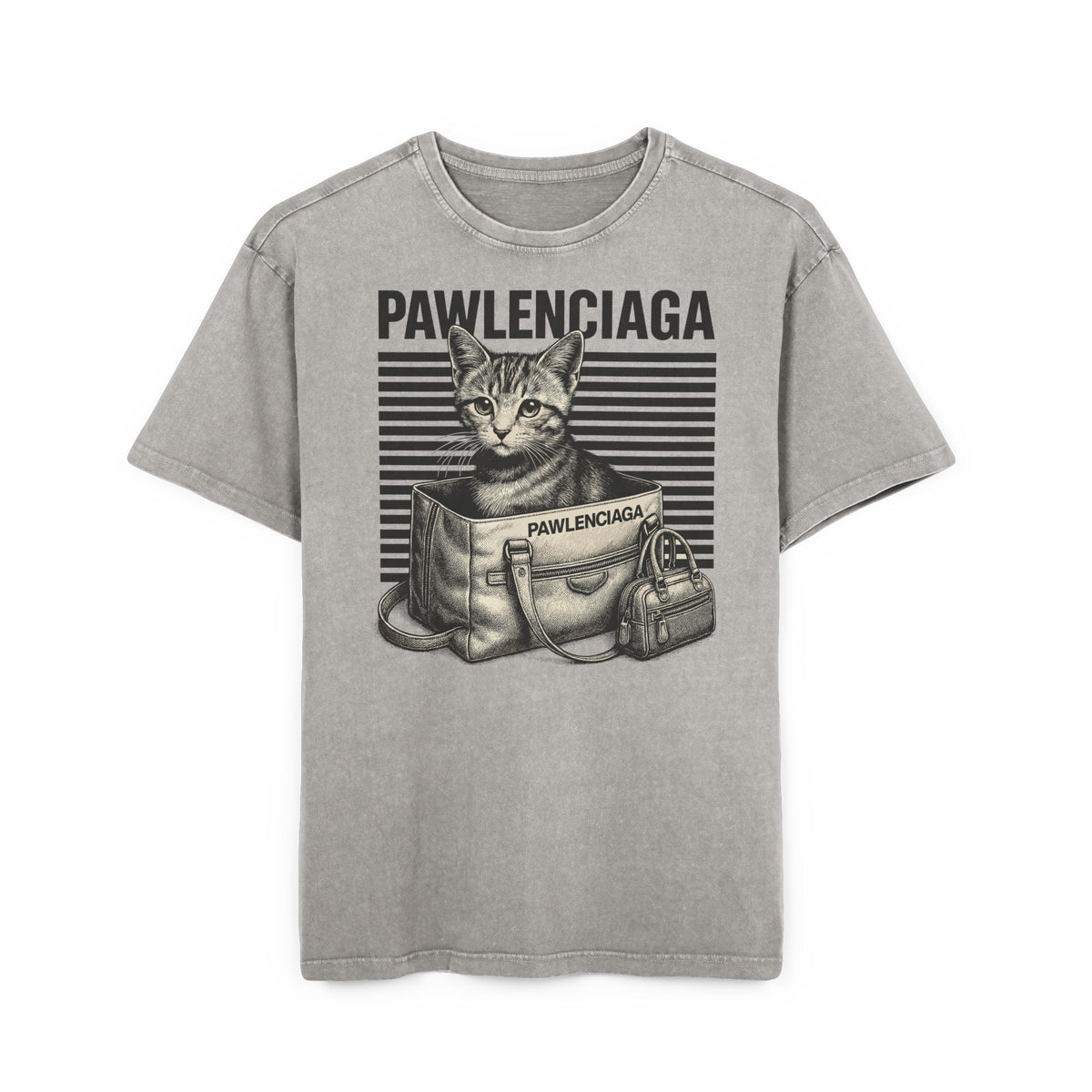 Pawlenciaga Duffle Bag Cat Graphic Acid Washed Oversized T-Shirt in asphalt, front view