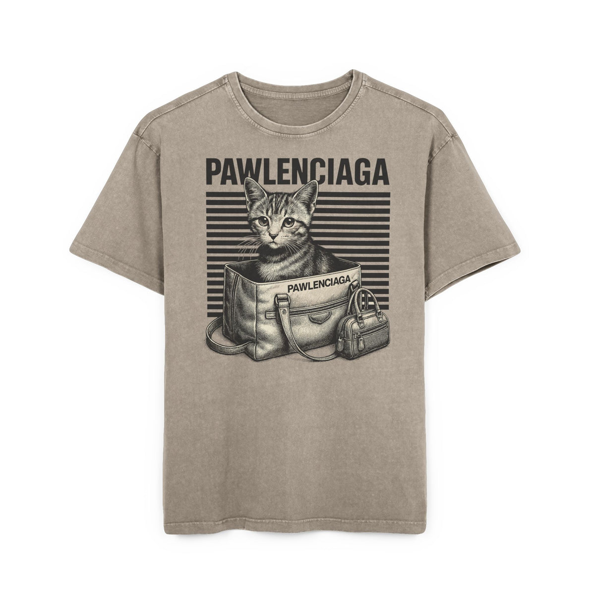 Pawlenciaga Duffle Bag Cat Graphic Acid Washed Oversized T-Shirt in dark khaki, front view