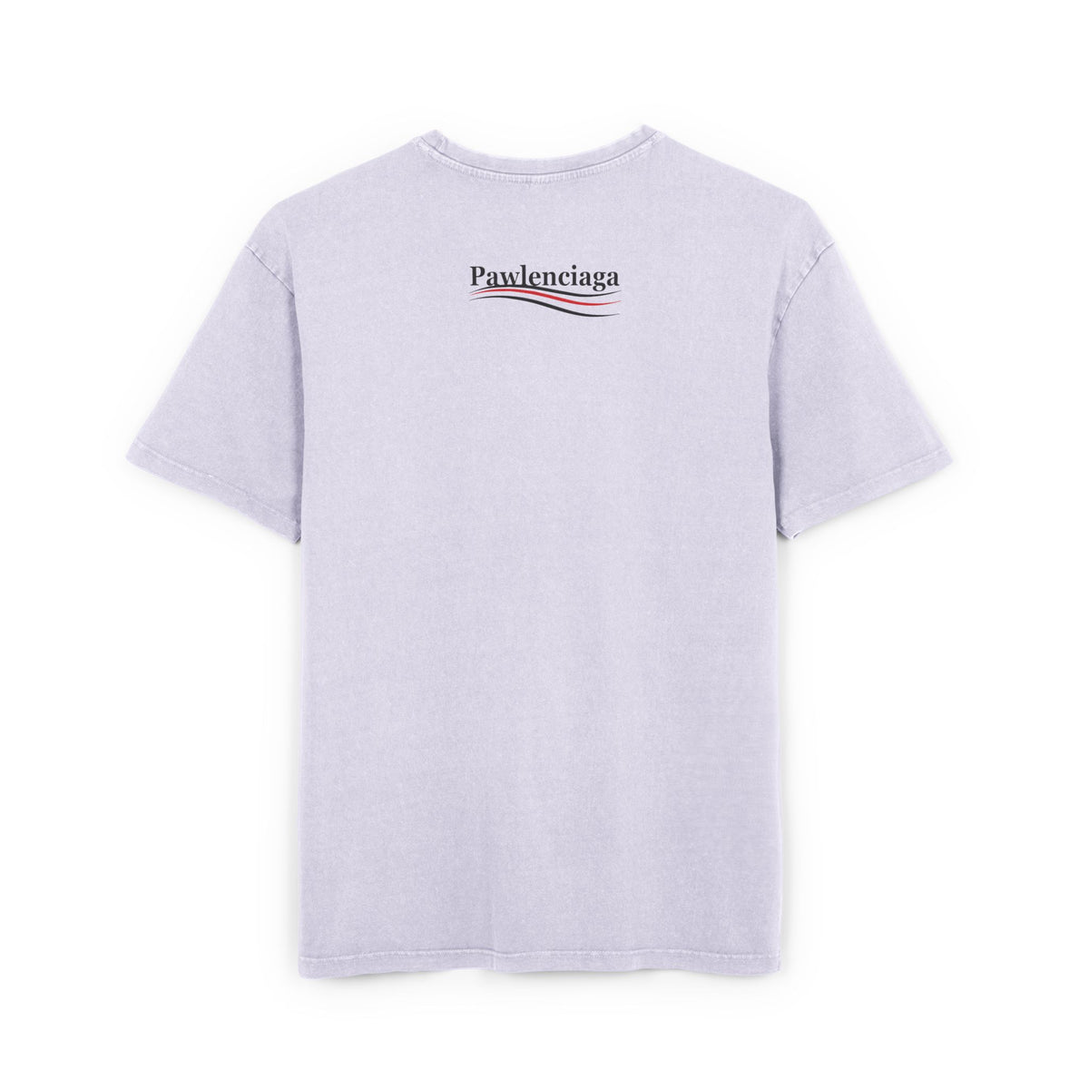 Pawlenciaga Duffle Bag Cat Graphic Acid Washed Oversized T-Shirt in soft lilac, back view