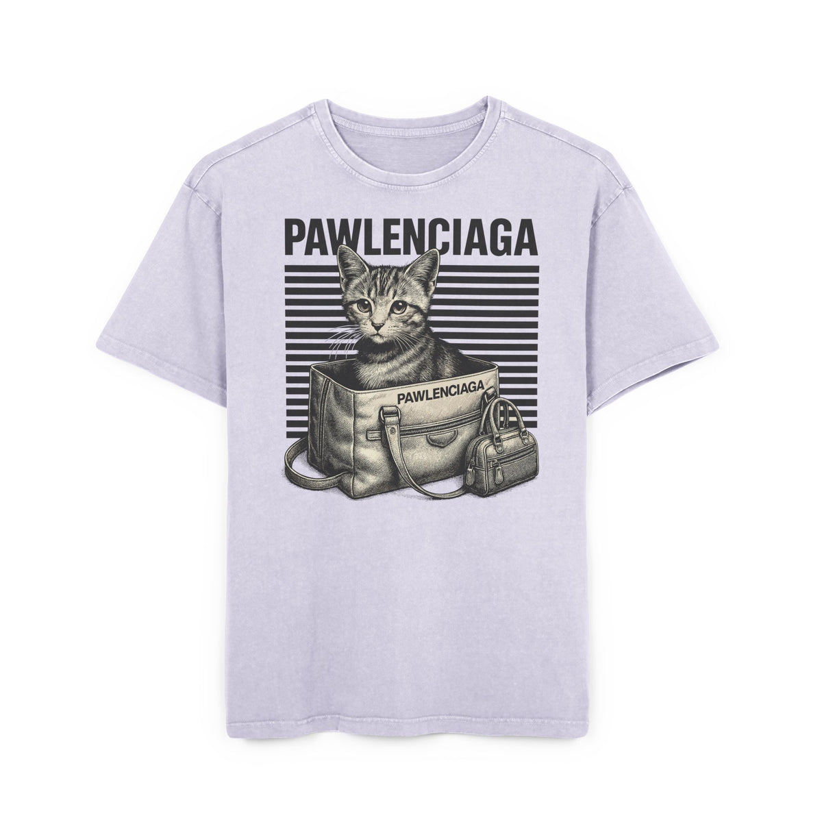 Pawlenciaga Duffle Bag Cat Graphic Acid Washed Oversized T-Shirt in soft lilac, front view