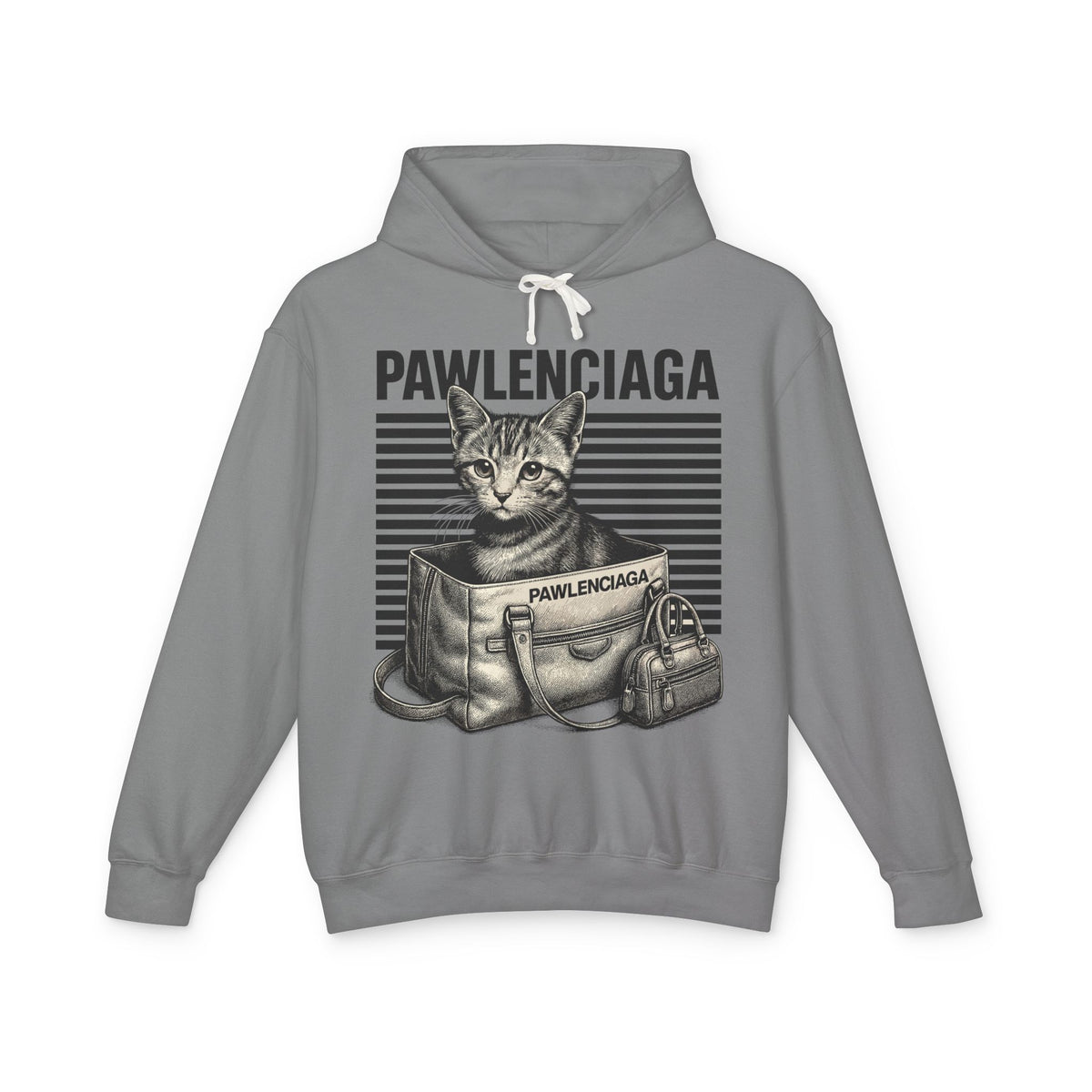 Pawlenciaga Duffle Bag Cat Graphic Hoodie in grey, front view