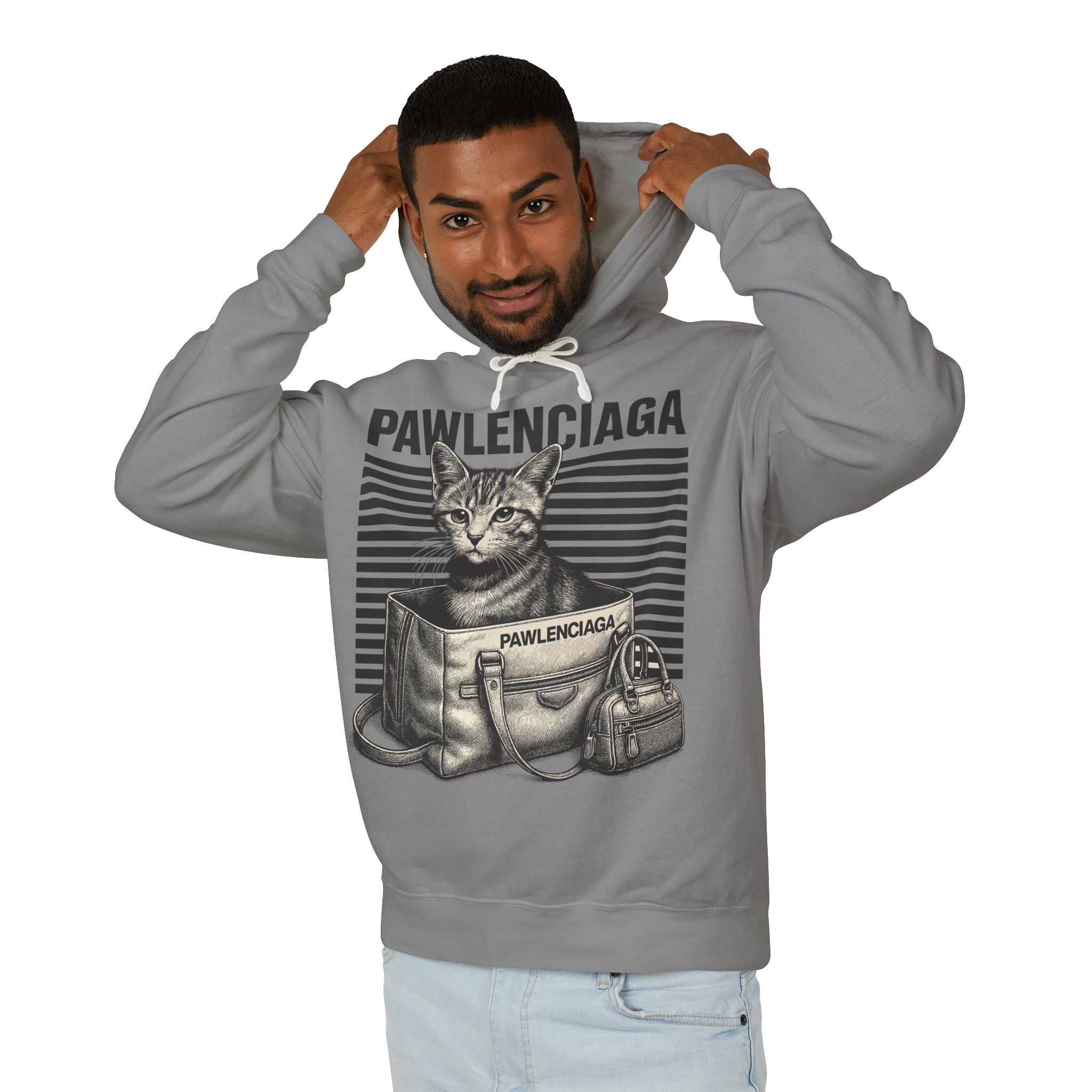 Pawlenciaga Duffle Bag Cat Graphic Hoodie in grey, worn by a male model