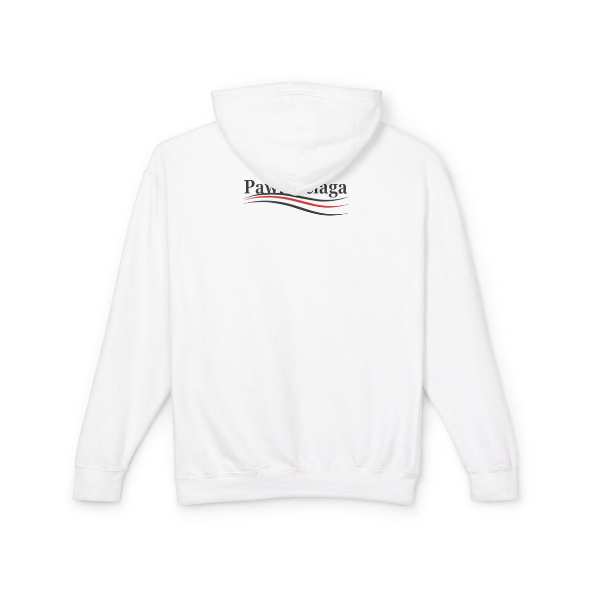 Pawlenciaga Duffle Bag Cat Graphic Hoodie in white, back view