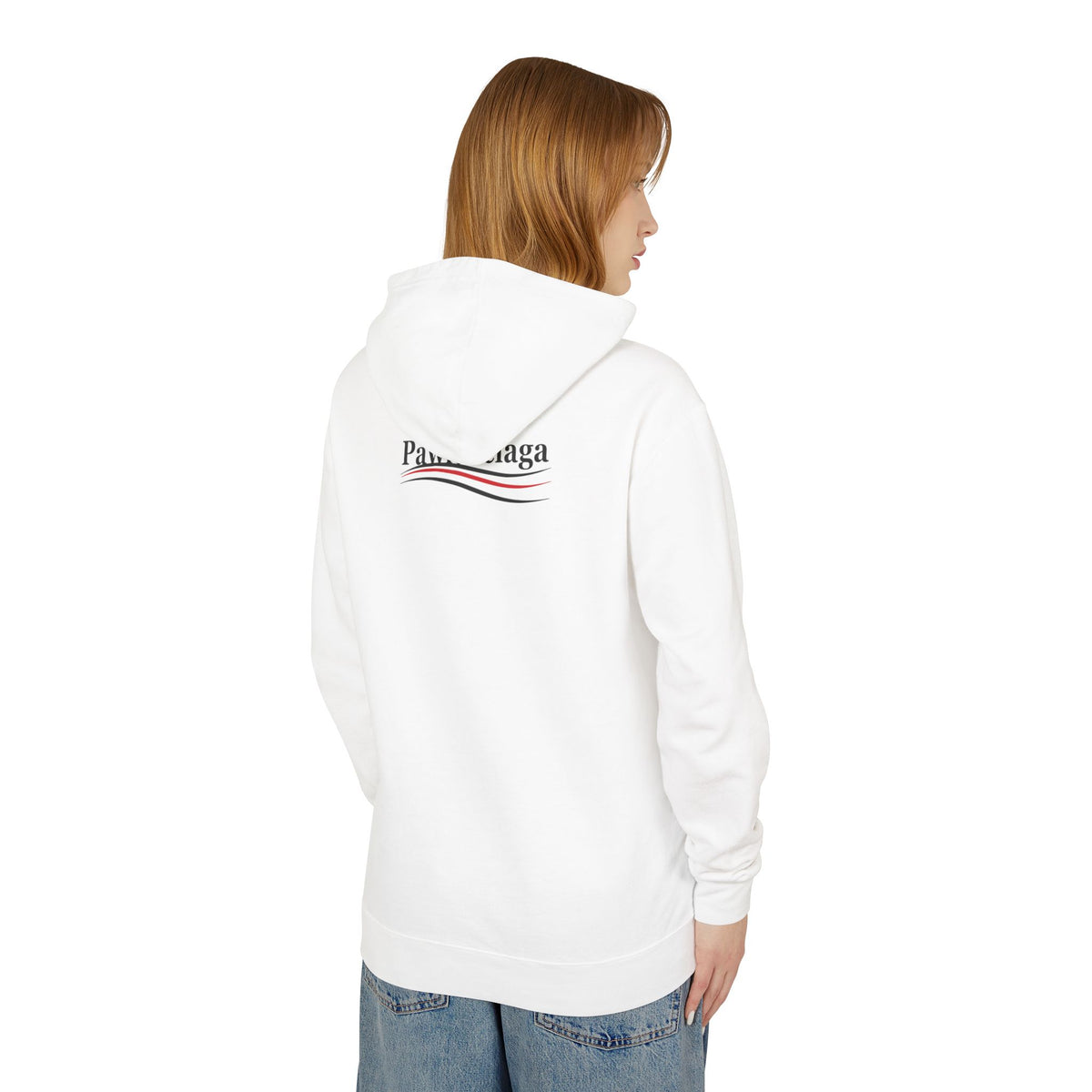 Pawlenciaga Duffle Bag Cat Graphic Hoodie in white, back view on a female model