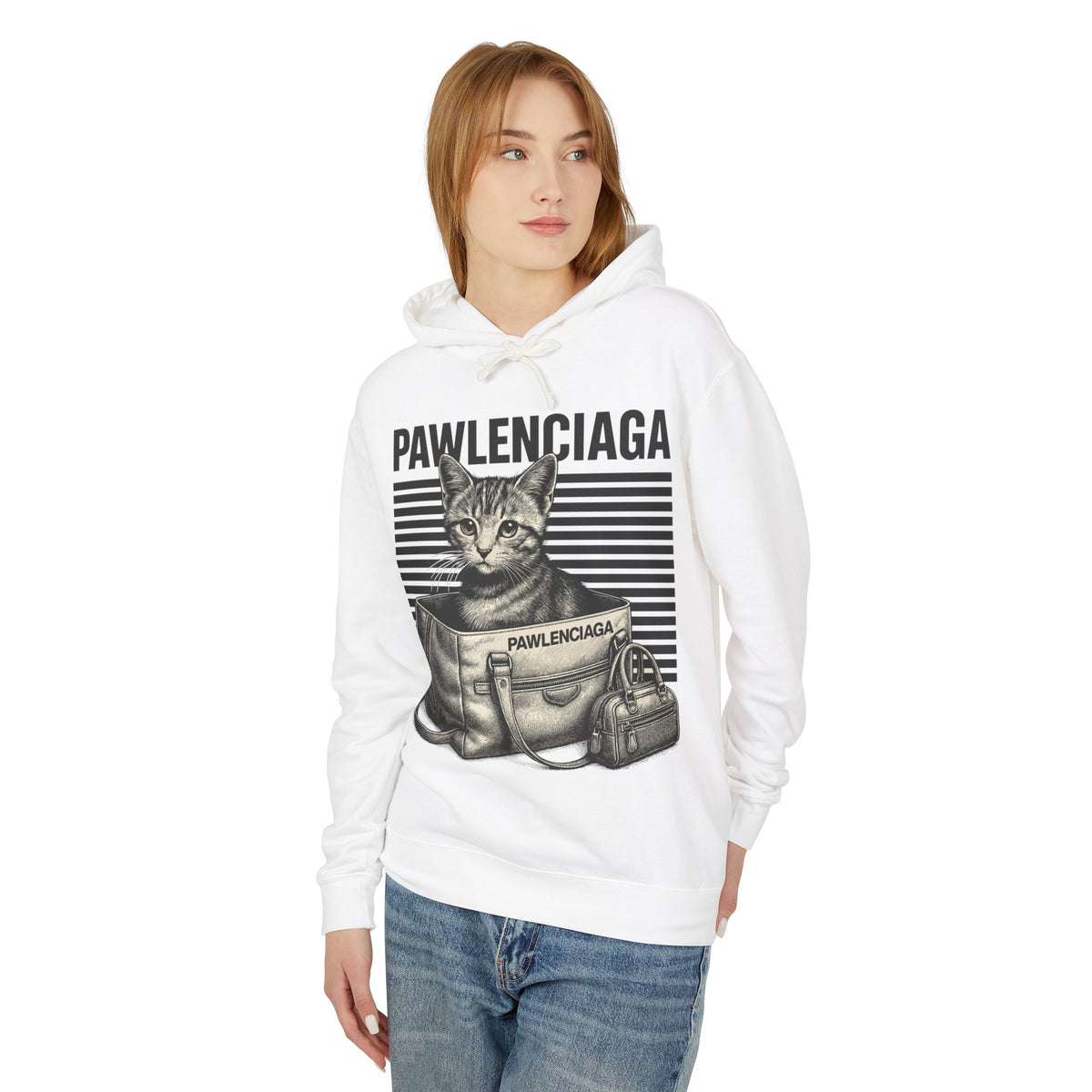 Pawlenciaga Duffle Bag Cat Graphic Hoodie in white, worn by a female model