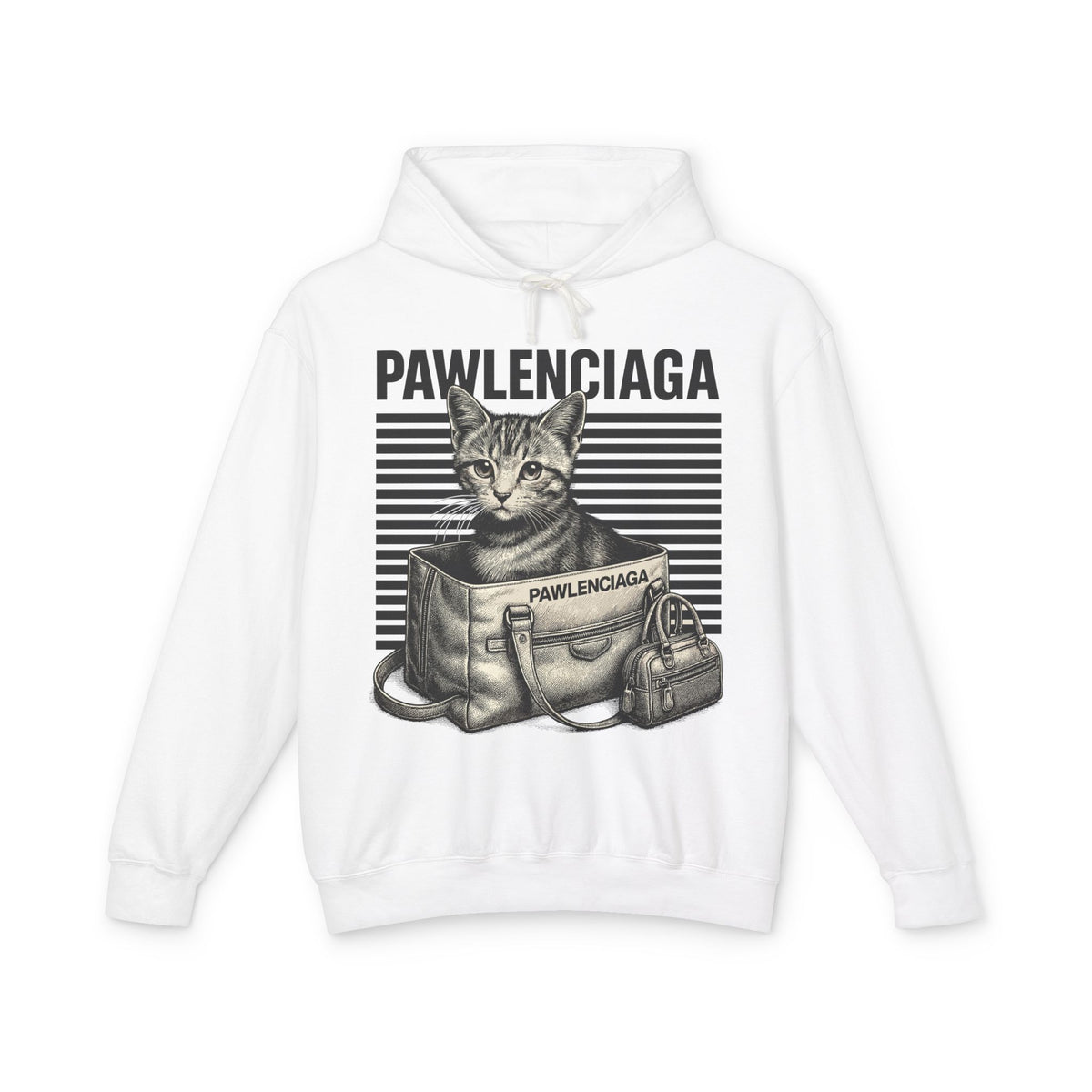 Pawlenciaga Duffle Bag Cat Graphic Hoodie in white, front view