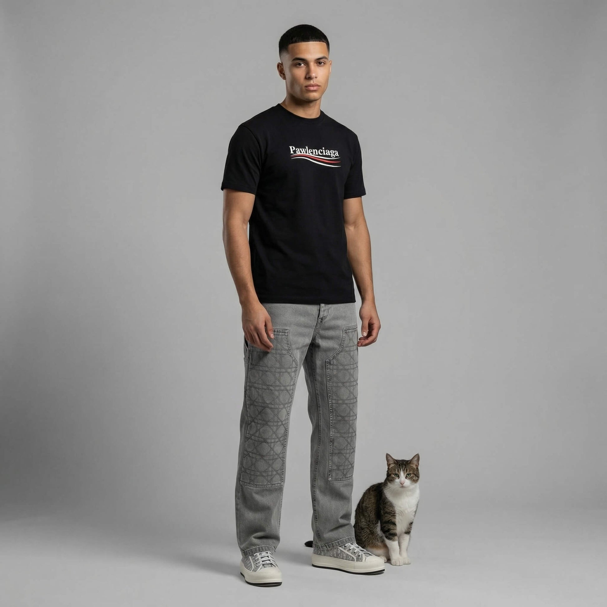 man wearing a black t-shirt with Pawlenciaga logo and gray pants standing next to a cat on a gray background