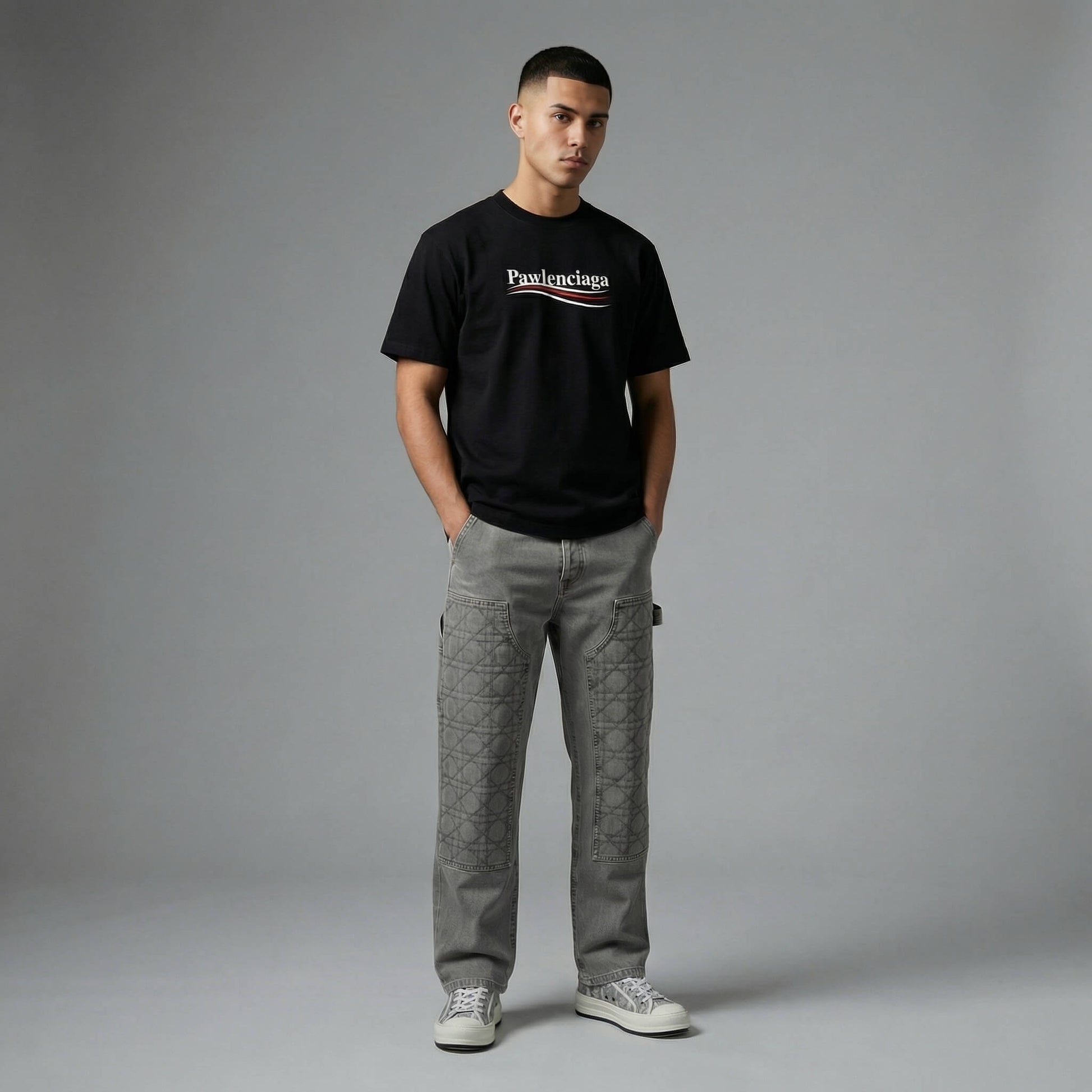 man wearing a black t shirt with 'Pawlenciaga' parody logo, standing indoors against a neutral background