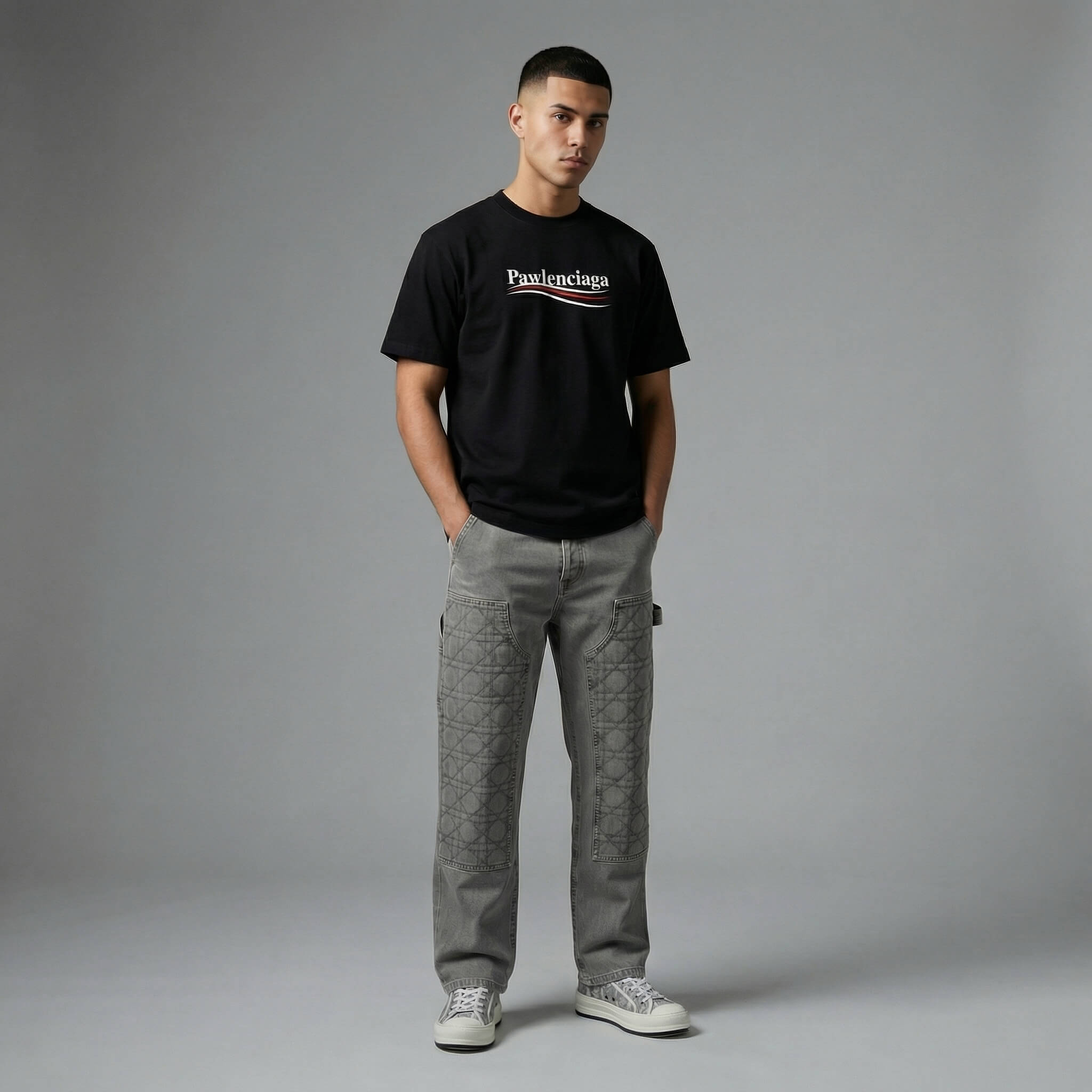 man wearing a black t shirt with 'Pawlenciaga' parody logo, standing indoors against a neutral background