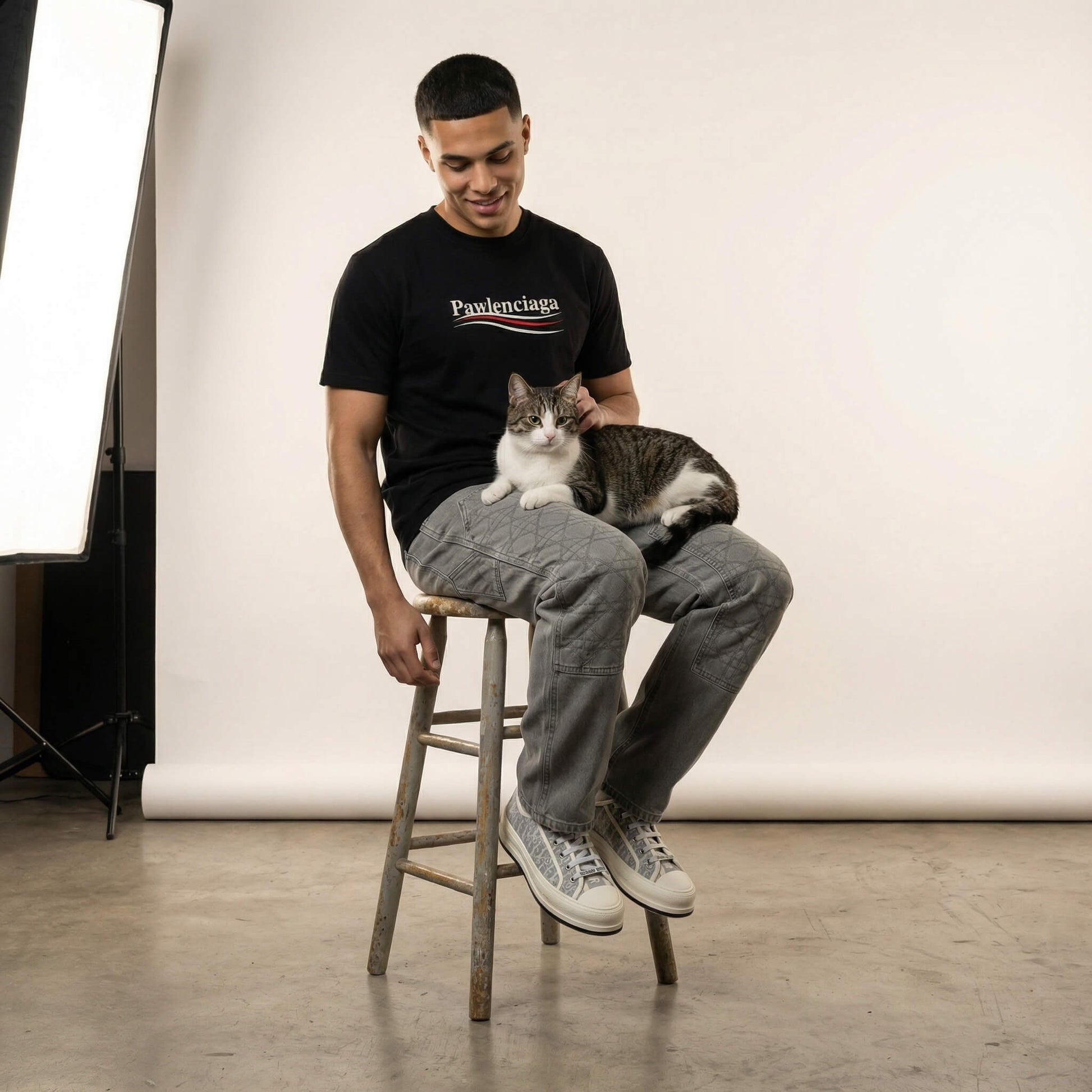 Man in black Pawlenciaga parody t shirt sitting on a stool with a cat on his lap against a white backdrop