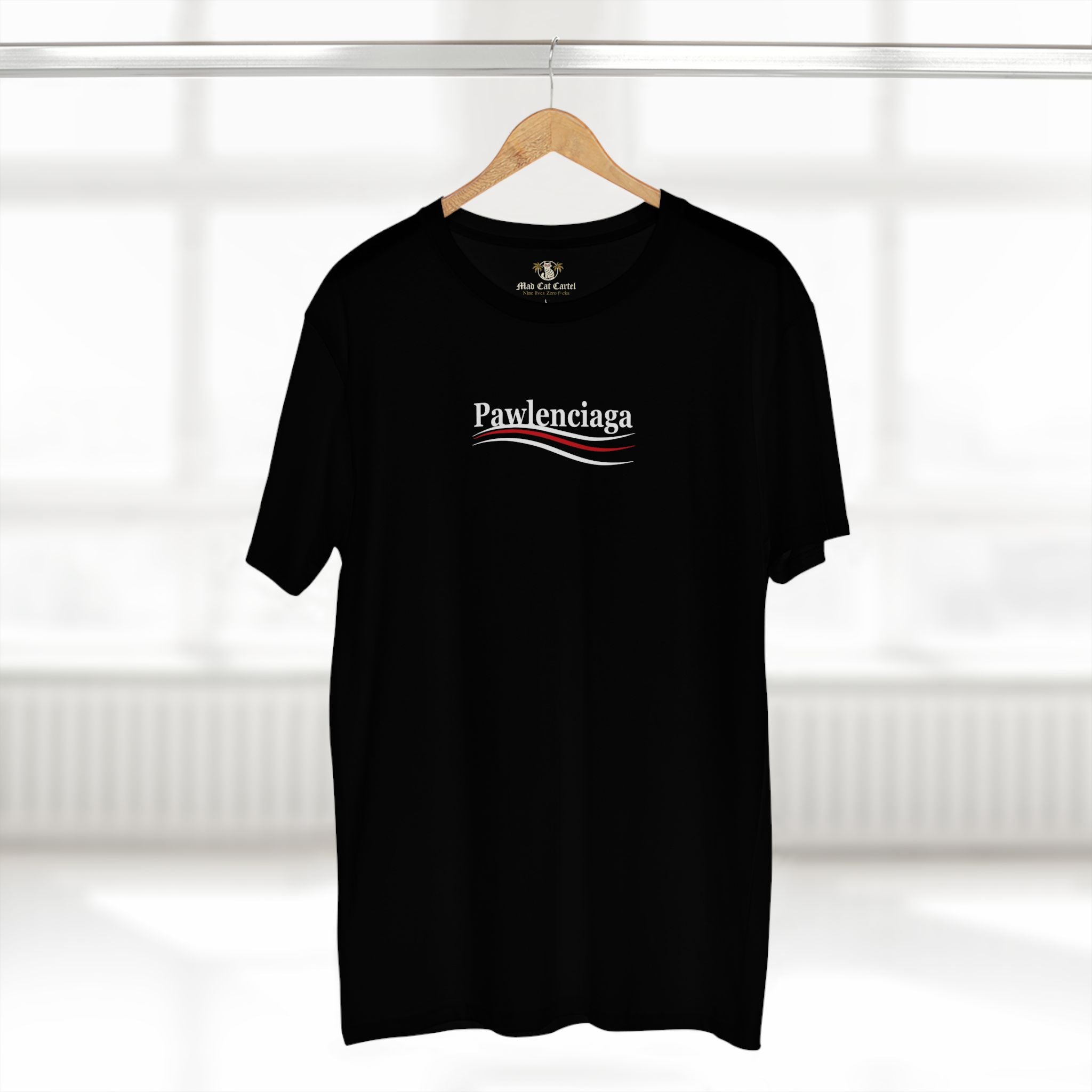 Pawlenciaga Logo Essentials Parody Graphic Black T-Shirt, on a hanger