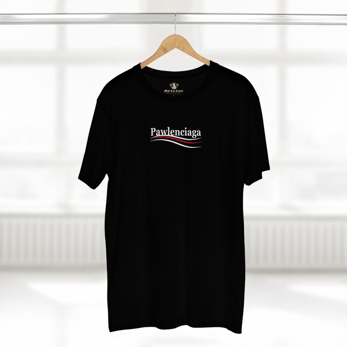 Pawlenciaga Logo Essentials Parody Graphic Black T-Shirt, on a hanger