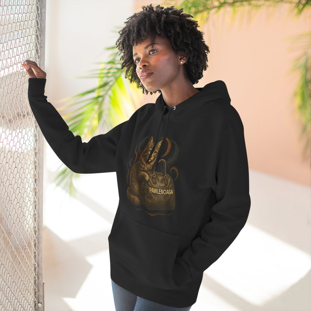 Pawlenciaga Luxe Shopper Cat Graphic Black Hoodie, worn by a female model