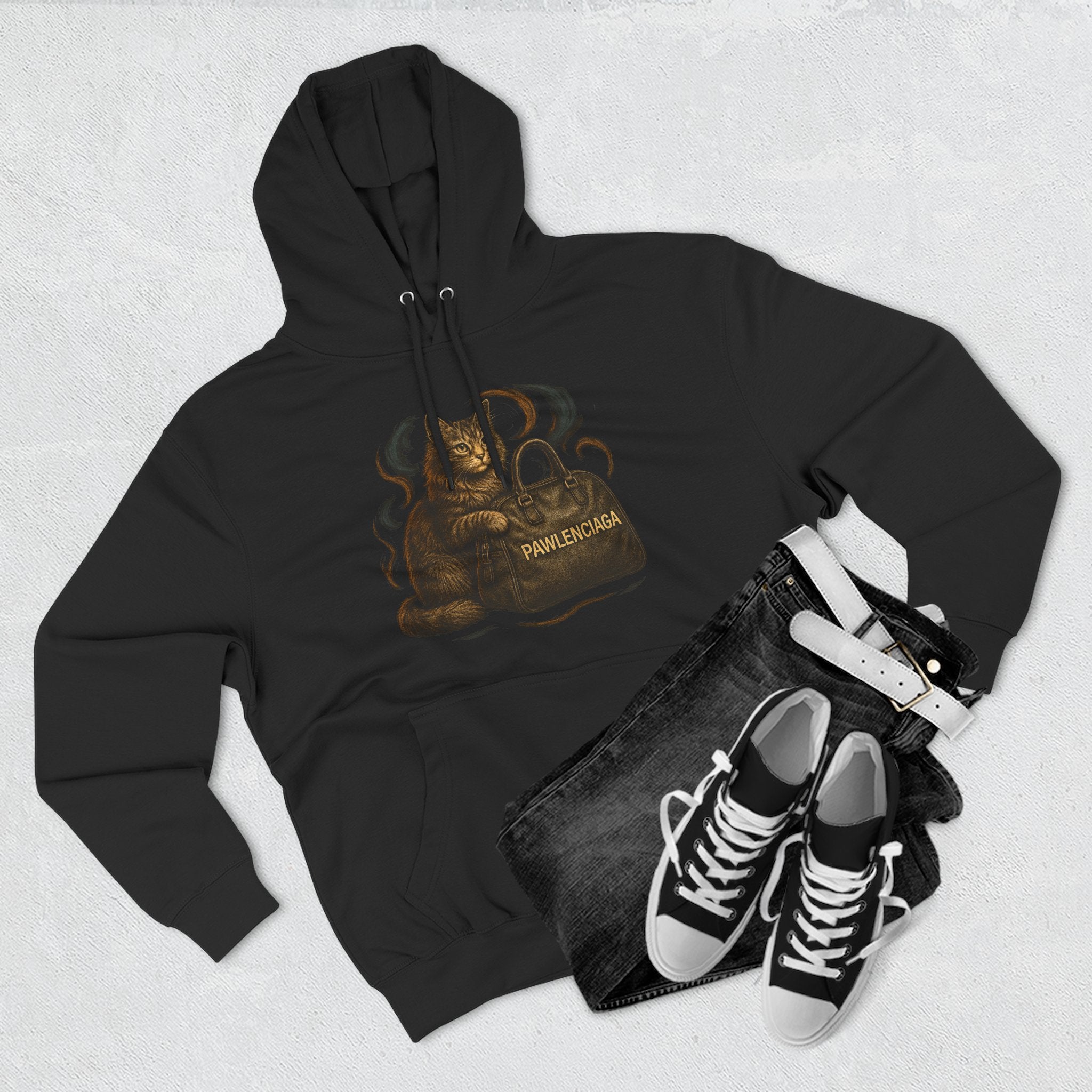 Pawlenciaga Luxe Shopper Cat Graphic Black Hoodie, flat lay