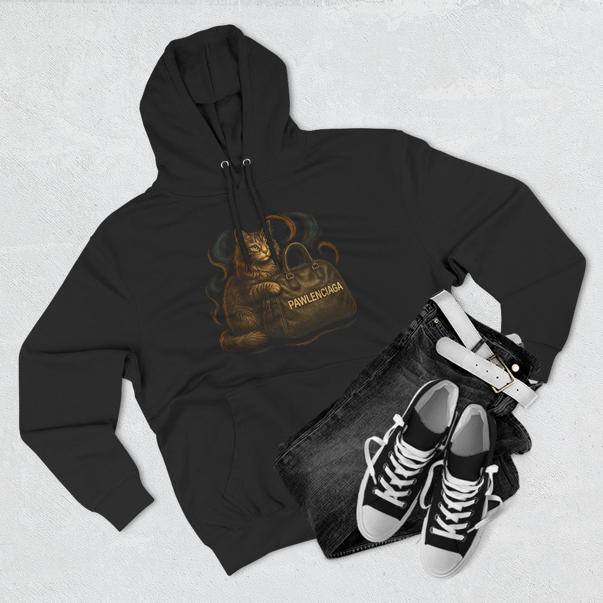 Pawlenciaga Luxe Shopper Cat Graphic Black Hoodie, flat lay