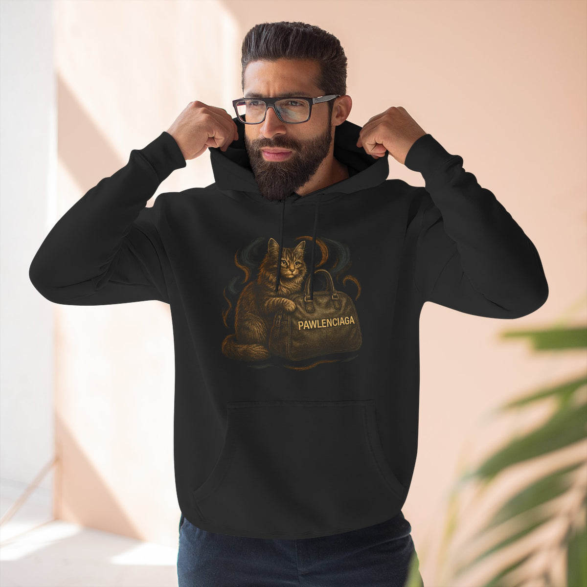 Pawlenciaga Luxe Shopper Cat Graphic Black Hoodie, worn by a male model