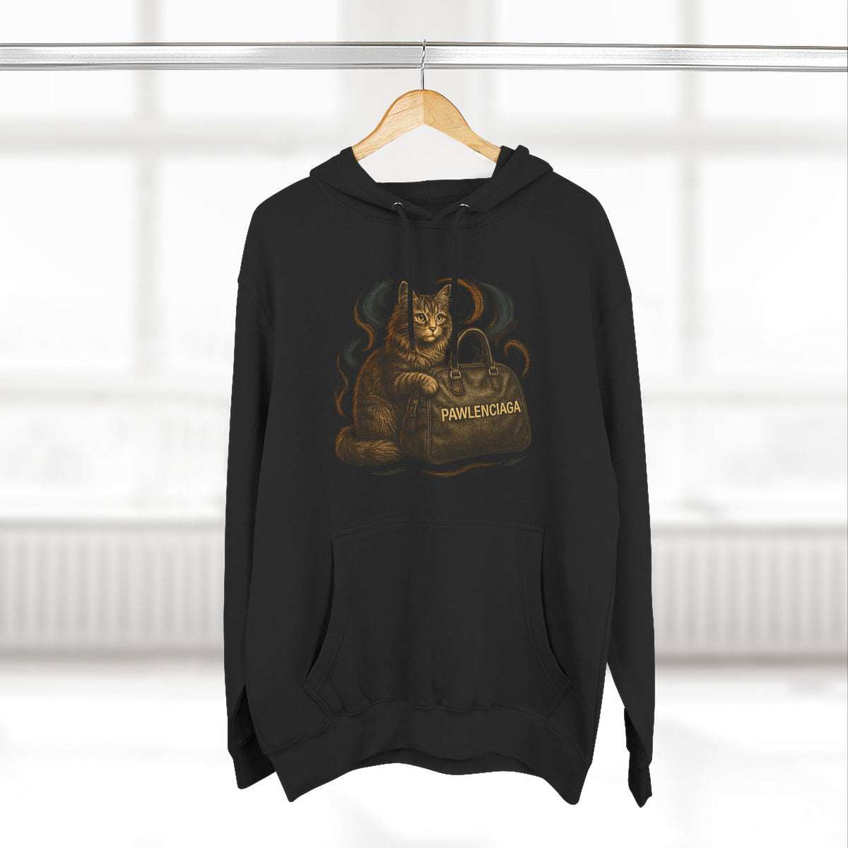 Pawlenciaga Luxe Shopper Cat Graphic Black Hoodie, on a hanger