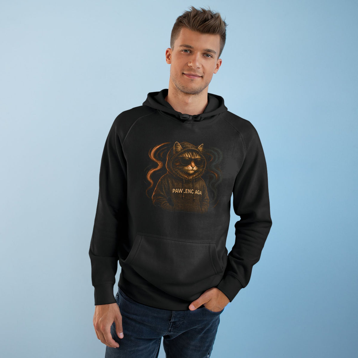 Pawlenciaga Street Smoke Cat Graphic Black Hoodie, worn by a male model