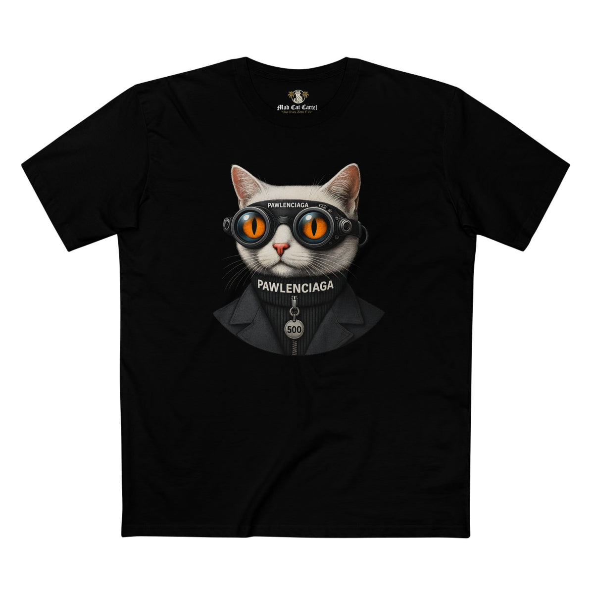 Pawlenciaga Tech Noir Cat Graphic Black T-Shirt, front view