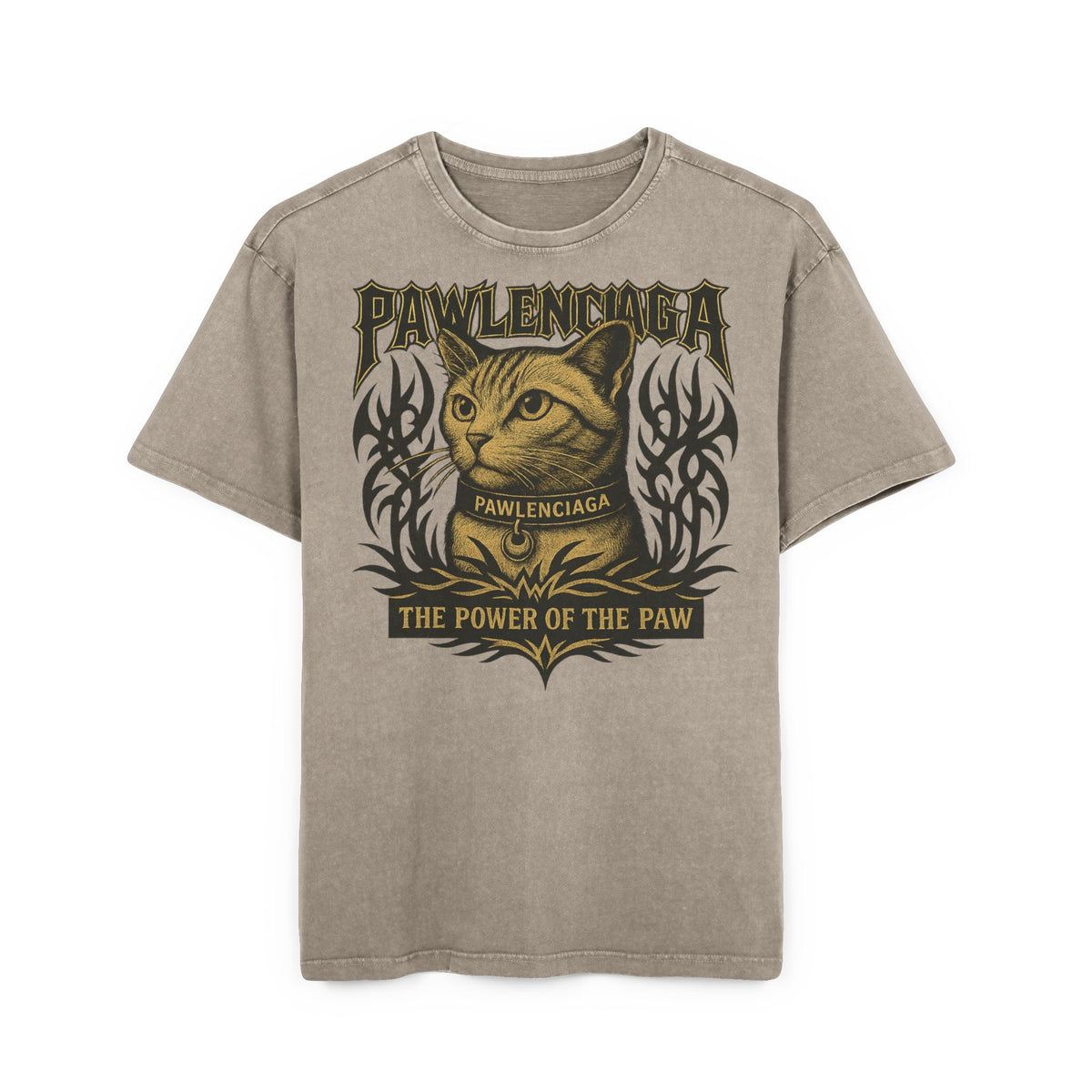 Pawlenciaga The Power of Paw Acid Washed Men's Oversized T-Shirt in dark khaki, front view