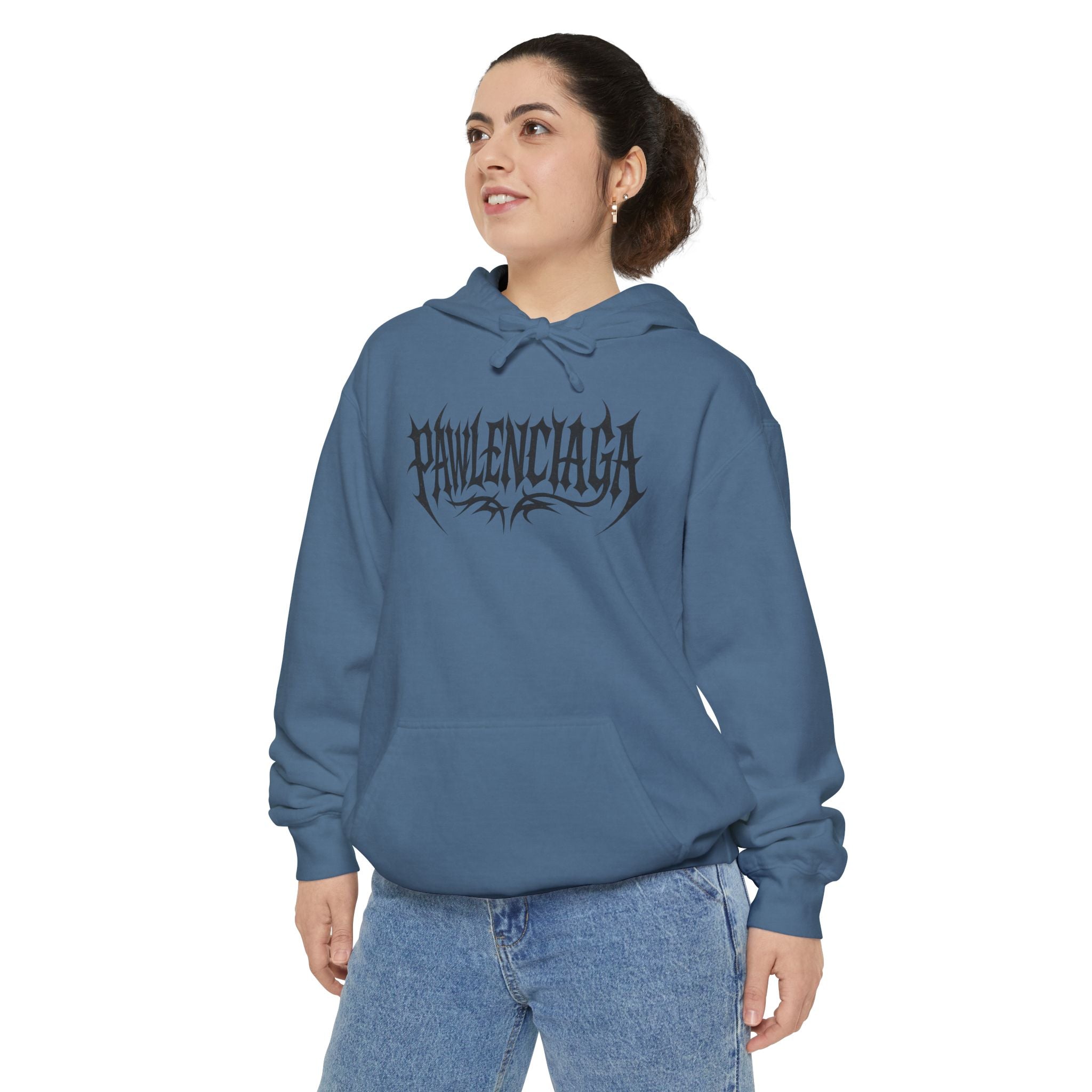 Pawlenciaga The Power of Paw Cat Graphic Hoodie in blue jean, worn by a female model