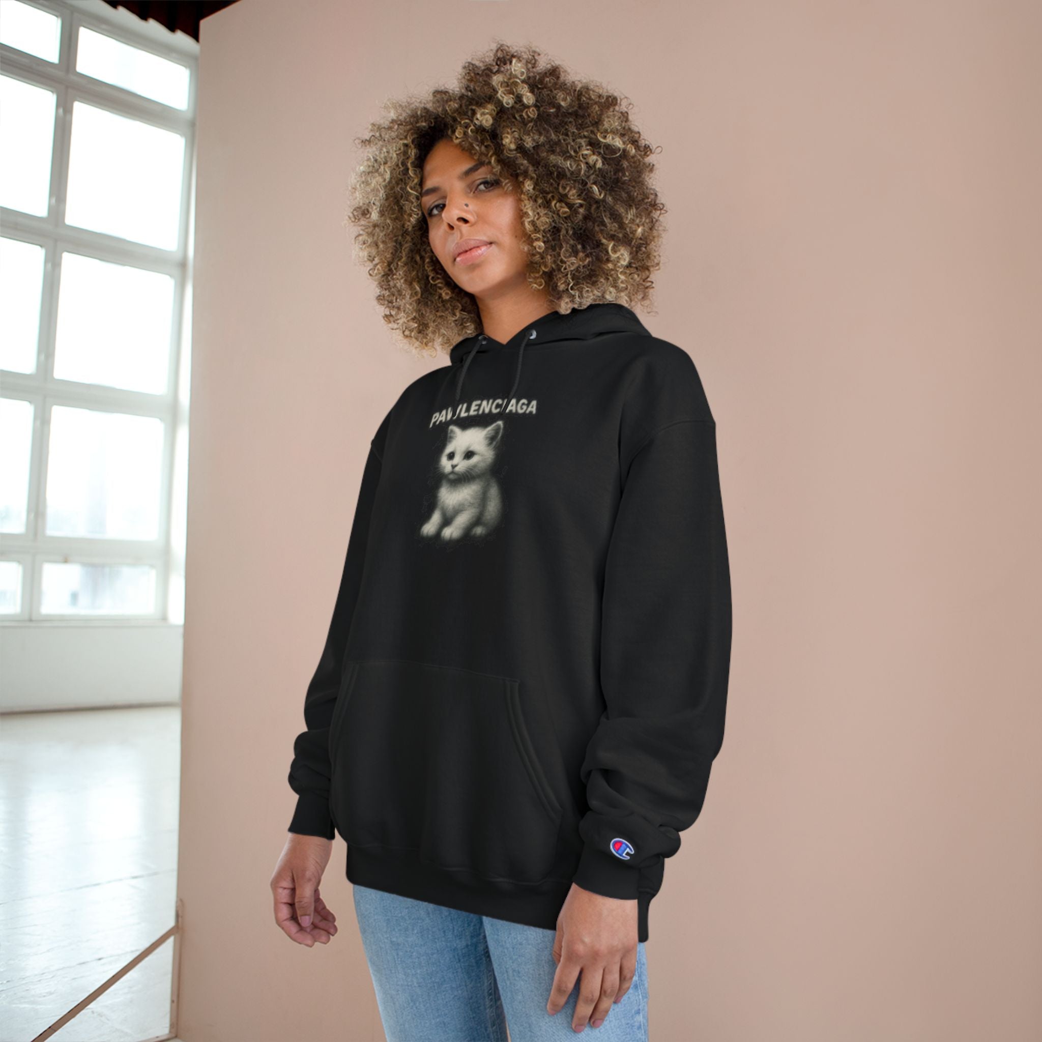Pawlenciaga White Aura Kitty Graphic Black Hoodie, worn by a female model