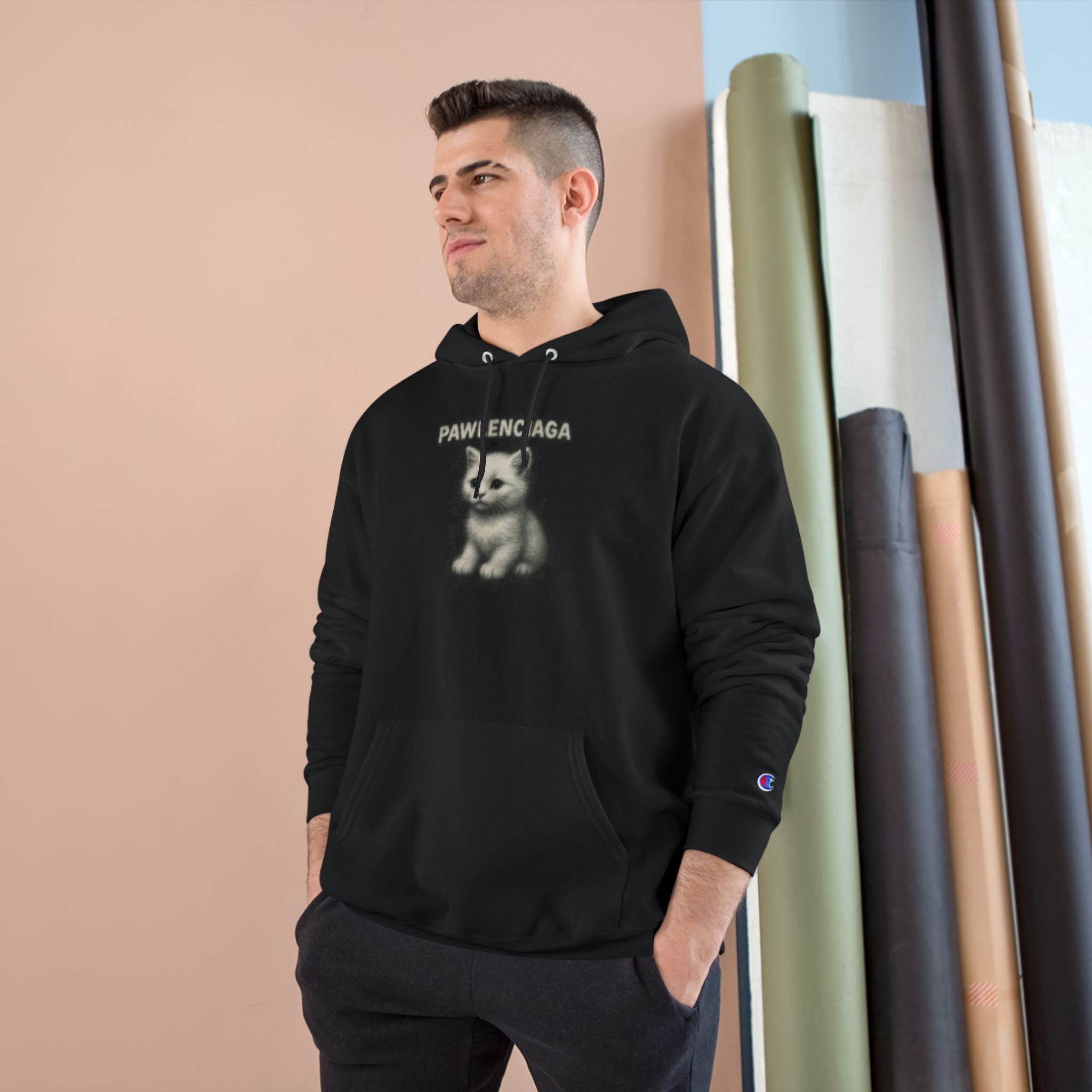 Pawlenciaga White Aura Kitty Graphic Black Hoodie, worn by a male model