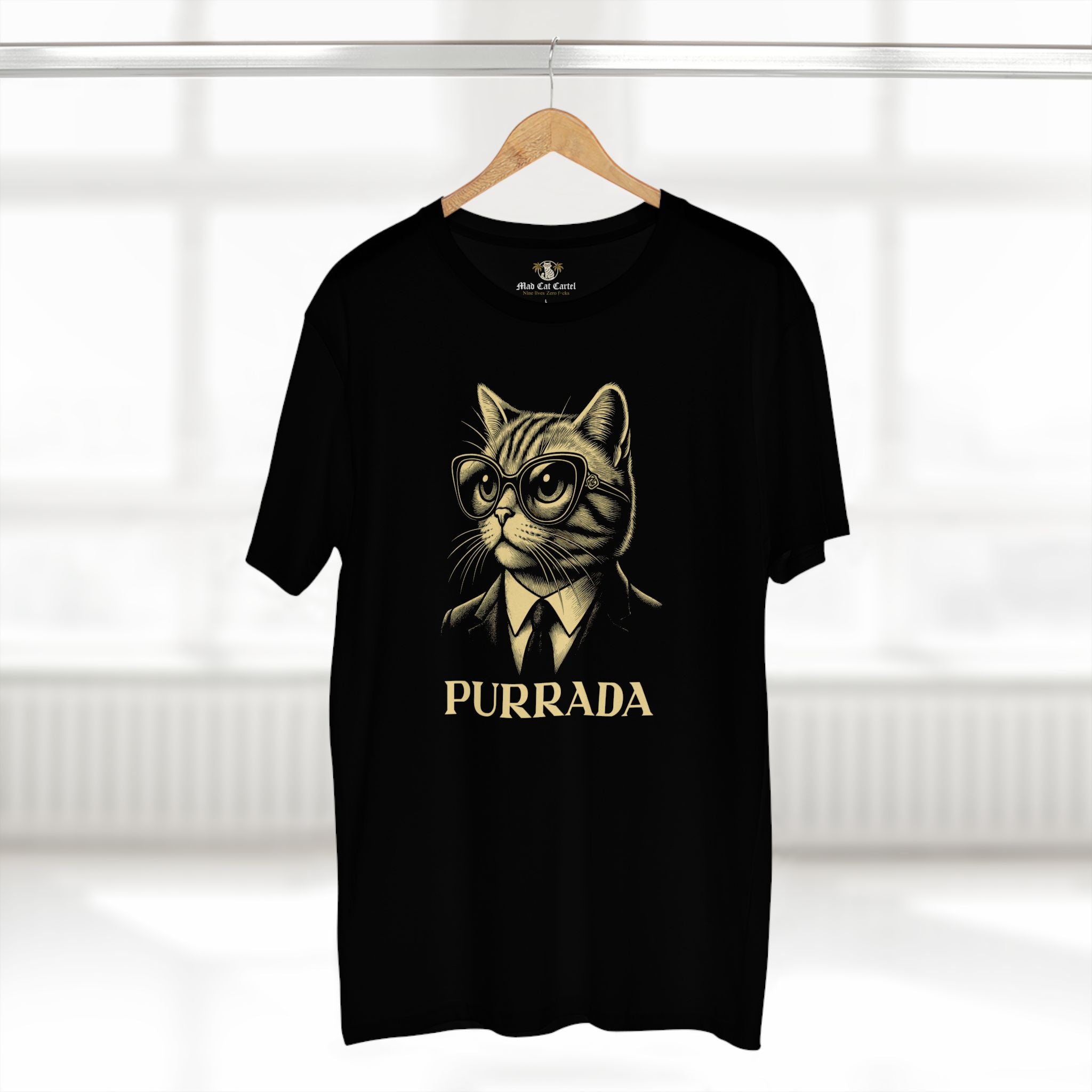 Purrada Boss Cat Graphic Black T-Shirt, on a hanger