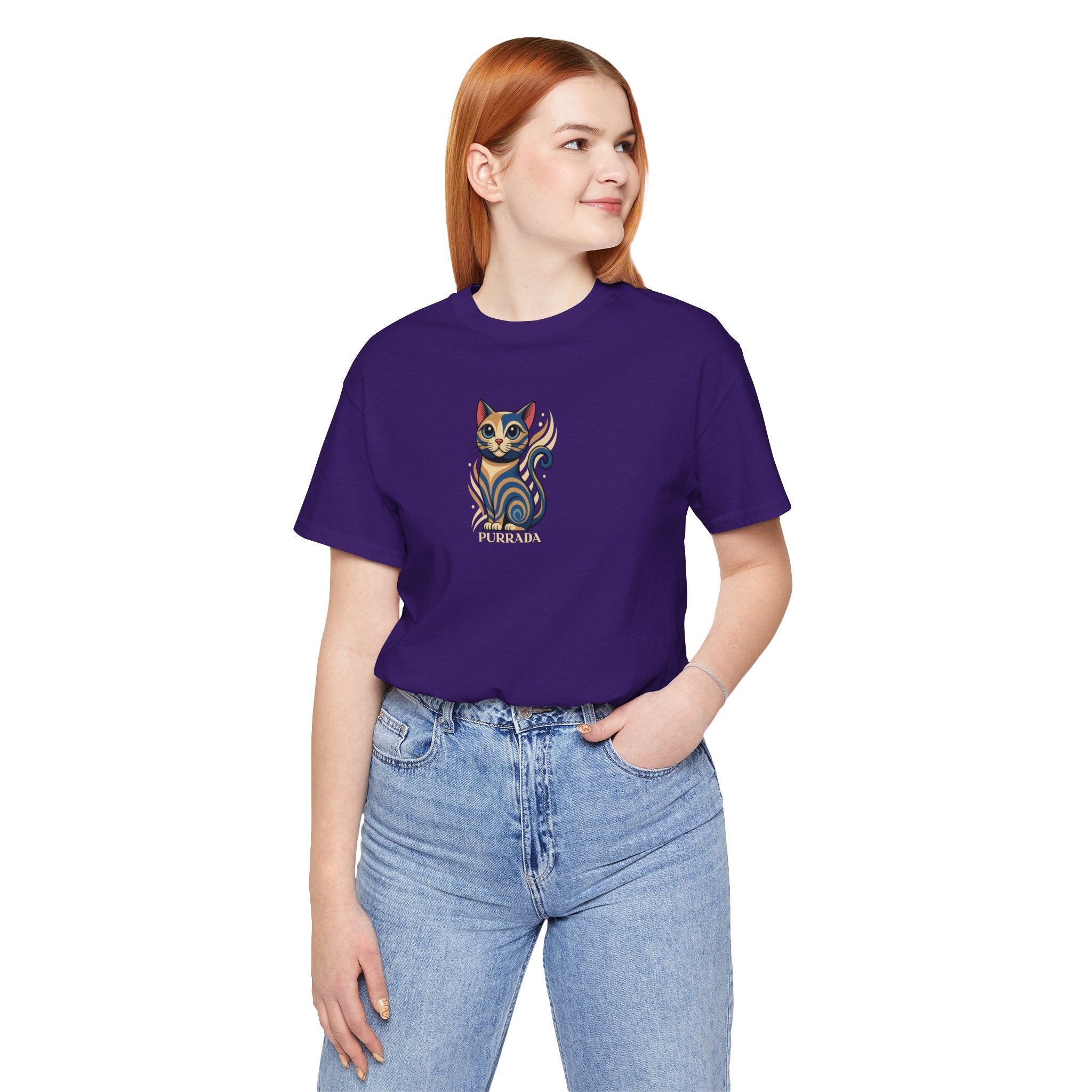 Purrada Catalogue Piece Cat Graphic T-Shirt in team purple, worn by a female model