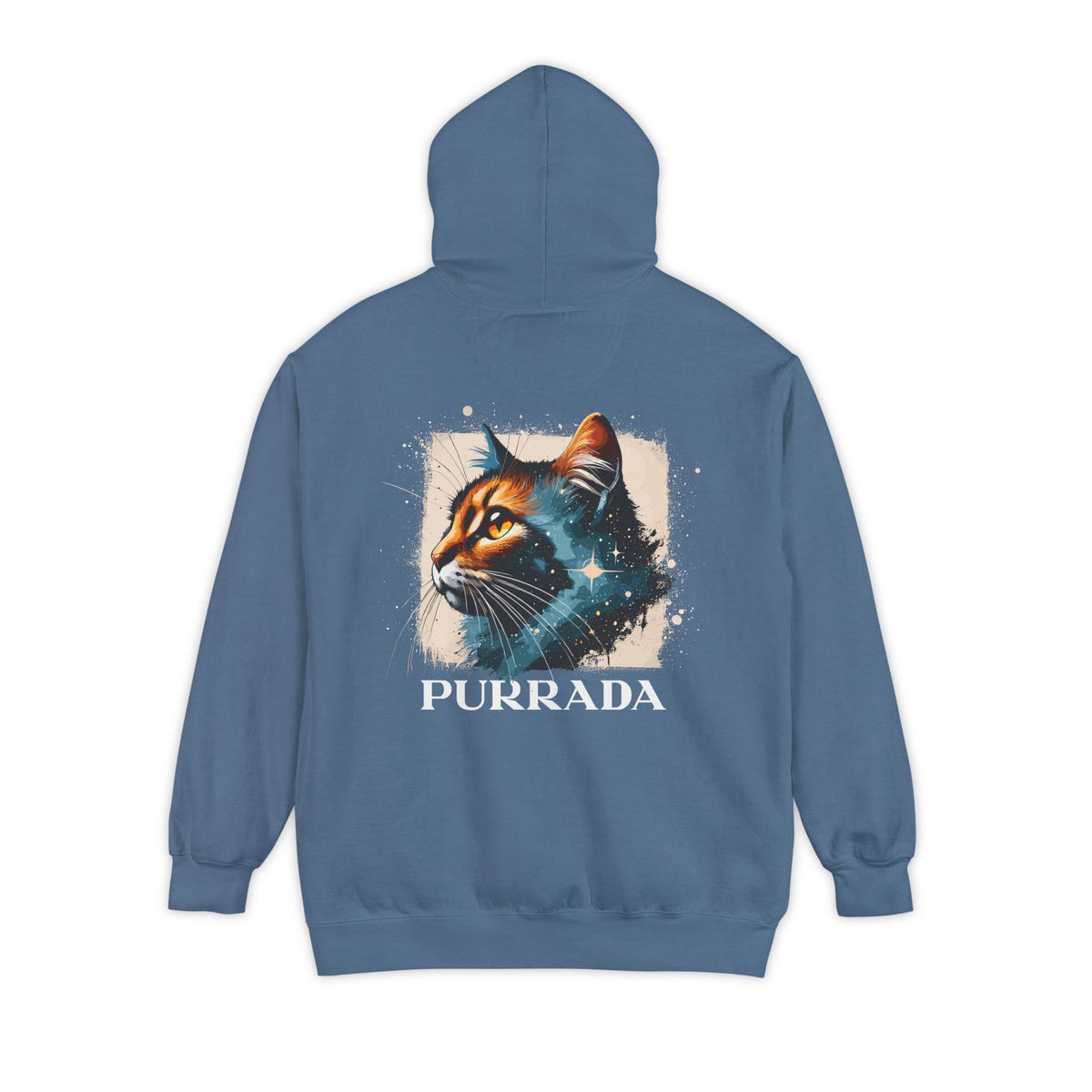 Purrada Chest Logo Cosmic Gaze Cat Graphic Hoodie in blue jean, back view