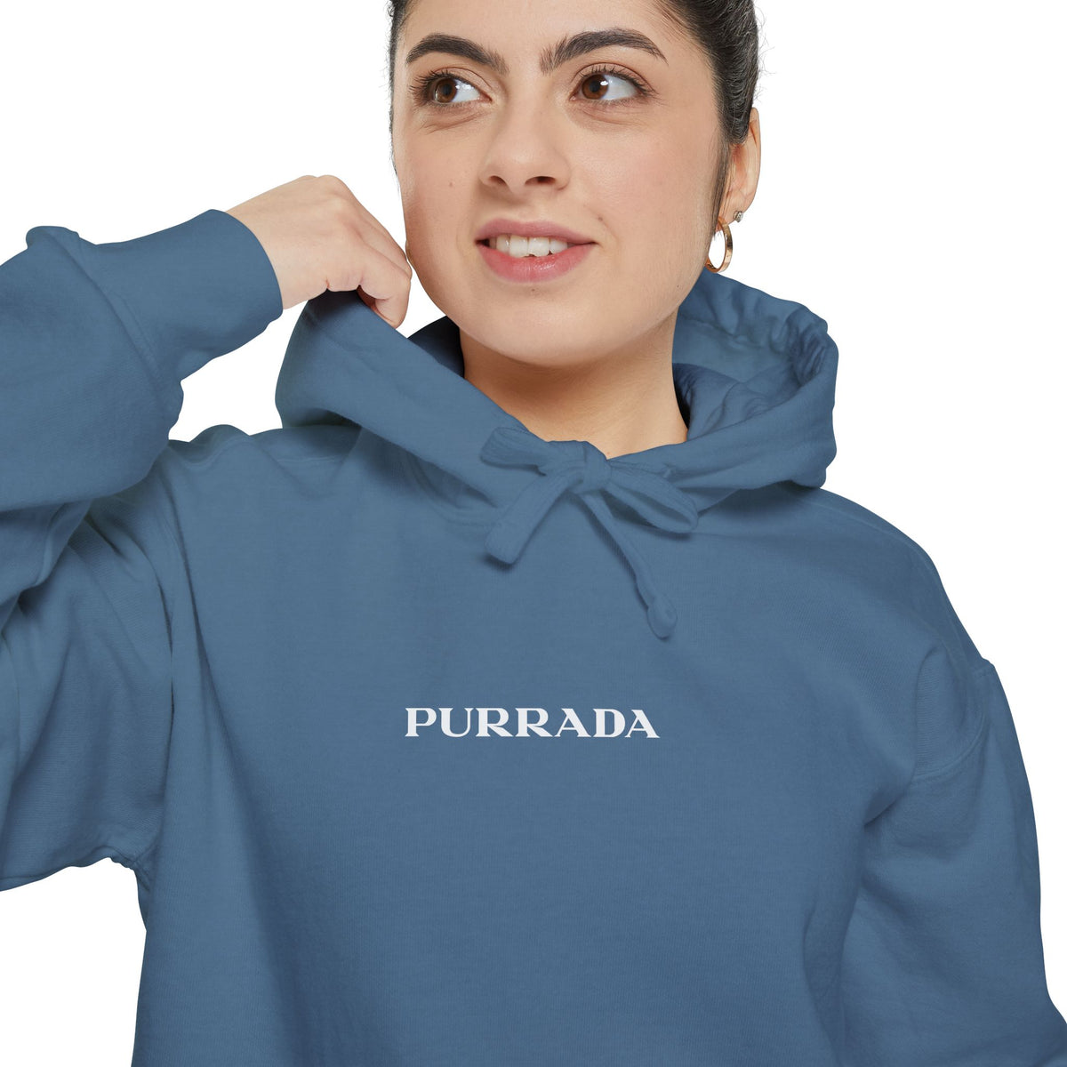 Purrada Chest Logo Cosmic Gaze Cat Graphic Hoodie in blue jean, worn by a female model