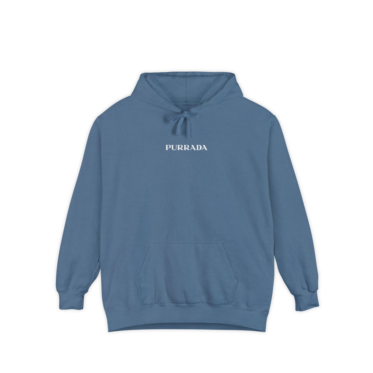 Purrada Chest Logo Cosmic Gaze Cat Graphic Hoodie in blue jean, front view