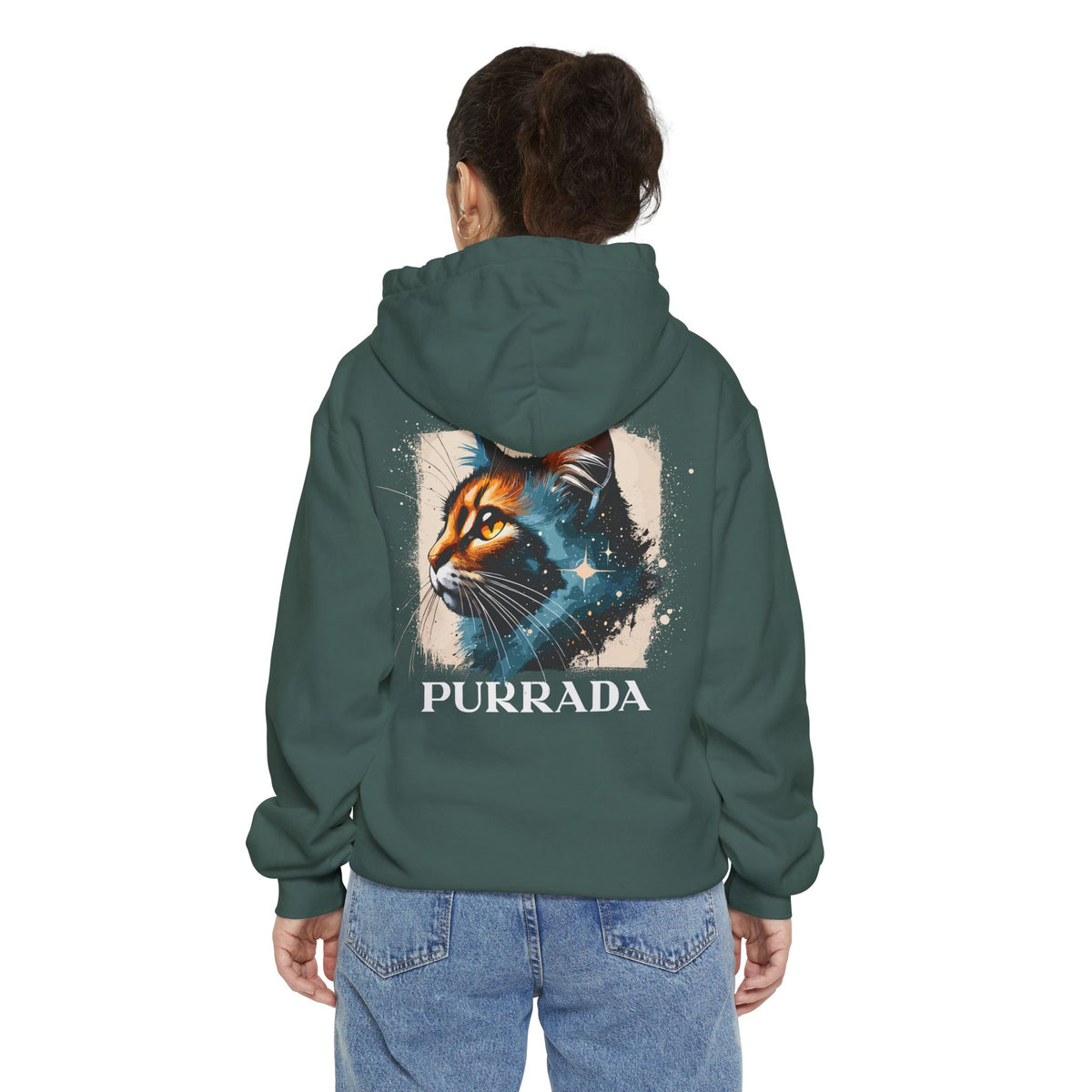 Purrada Chest Logo Cosmic Gaze Cat Graphic Hoodie in blue spruce, back view