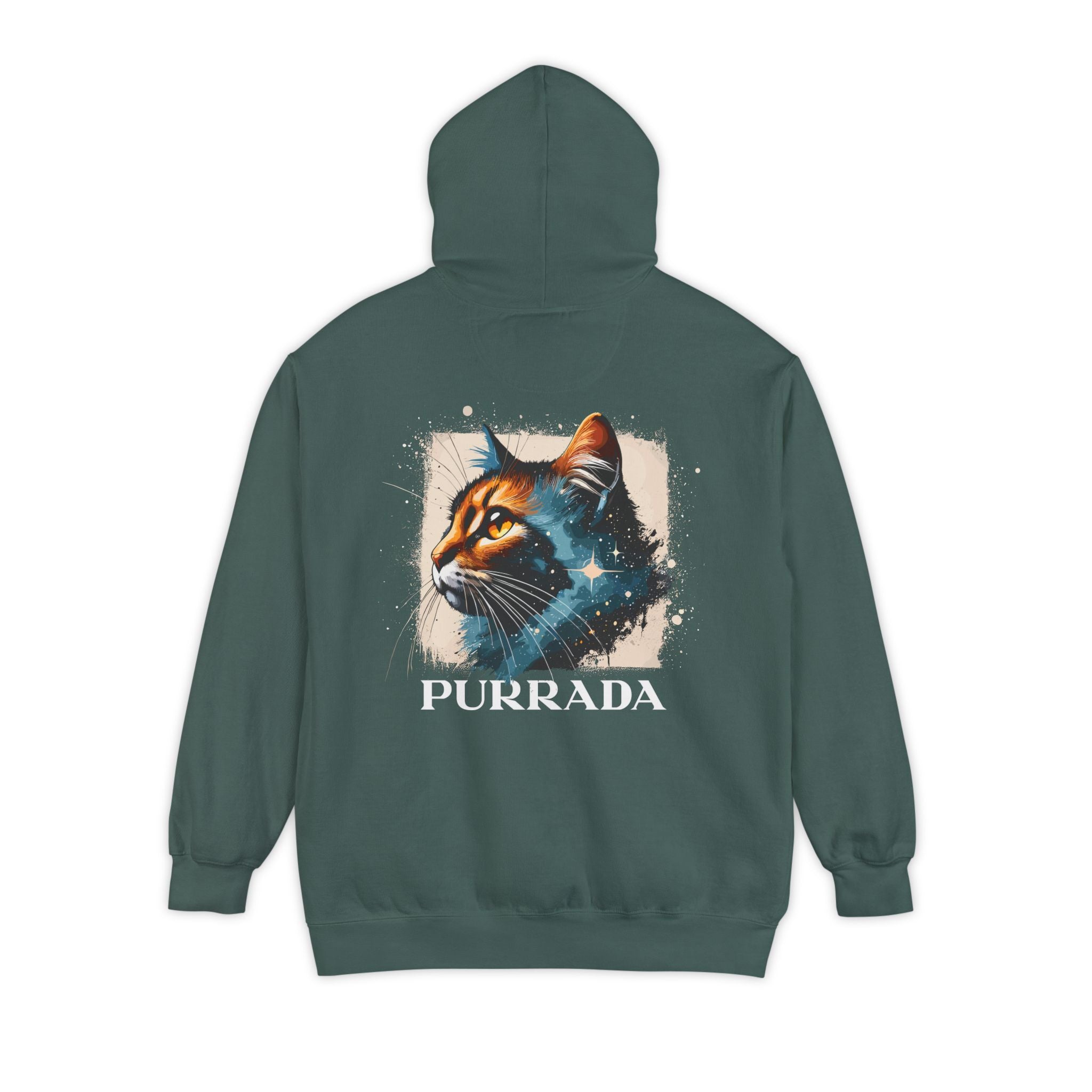 Purrada Chest Logo Cosmic Gaze Cat Graphic Hoodie in blue spruce, back view