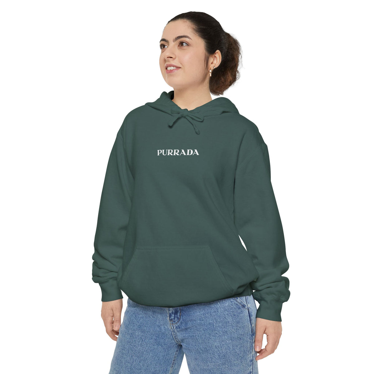 Purrada Chest Logo Cosmic Gaze Cat Graphic Hoodie in blue spruce, worn by a female model