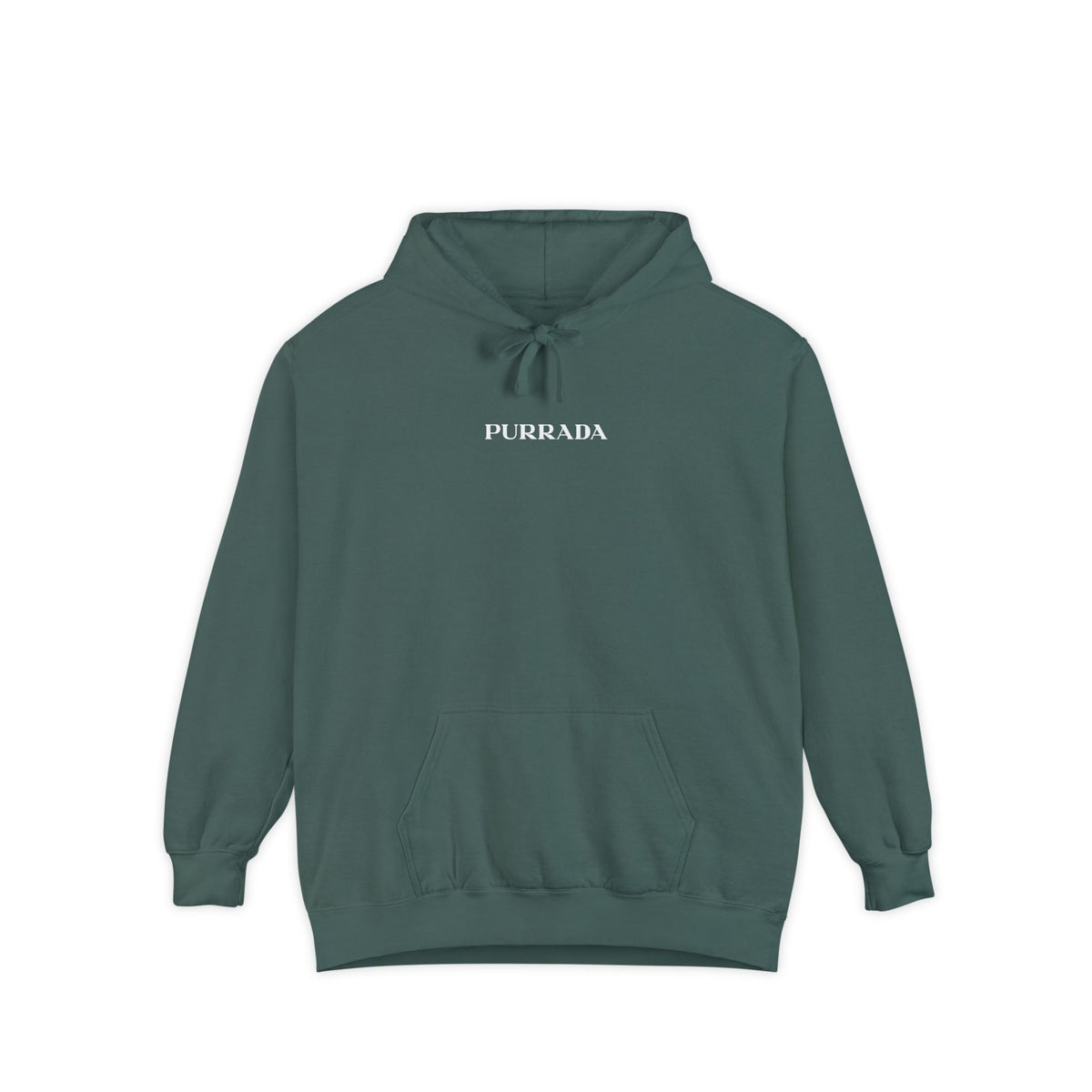 Purrada Chest Logo Cosmic Gaze Cat Graphic Hoodie in blue spruce, front view