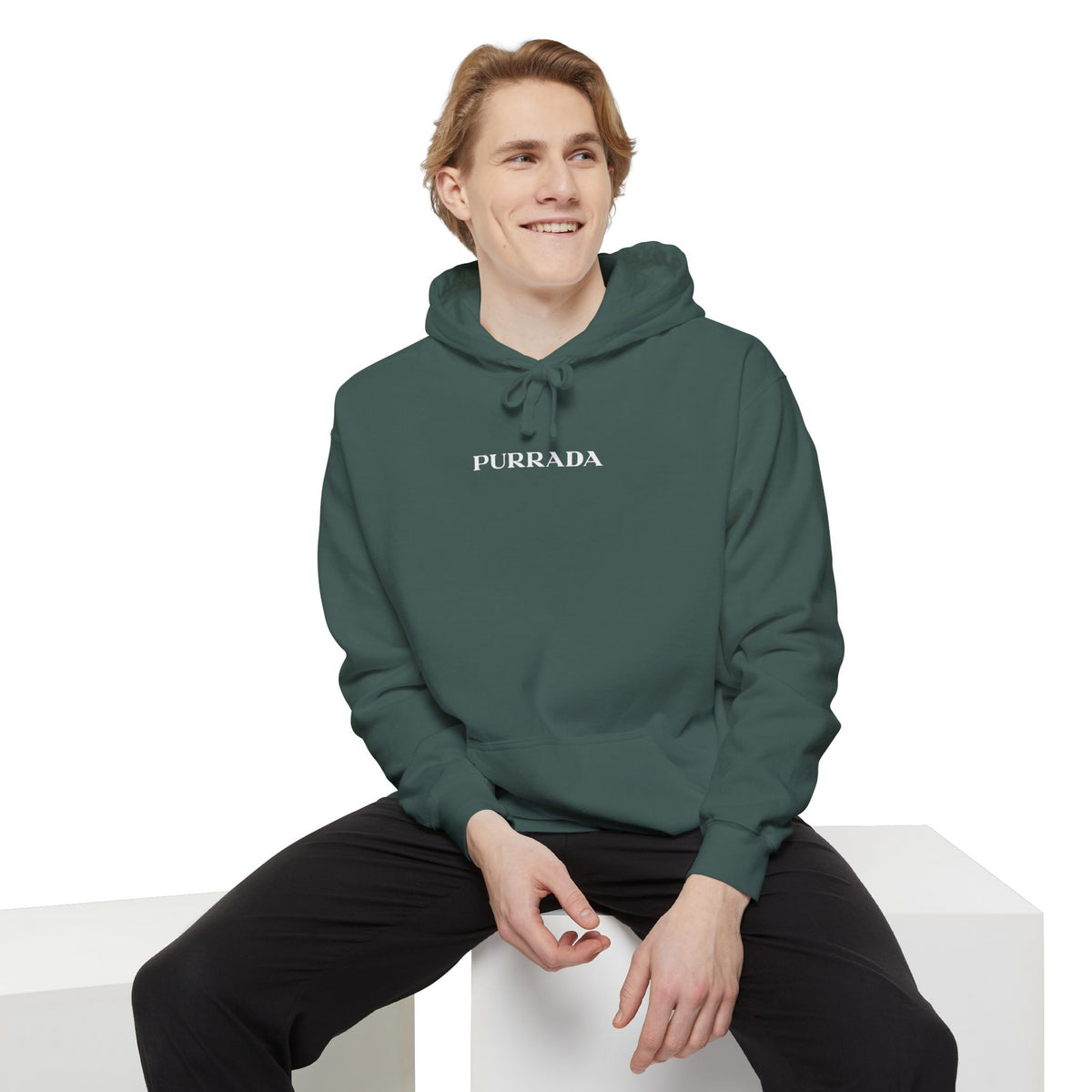 Purrada Chest Logo Cosmic Gaze Cat Graphic Hoodie in blue spruce, worn by a male model