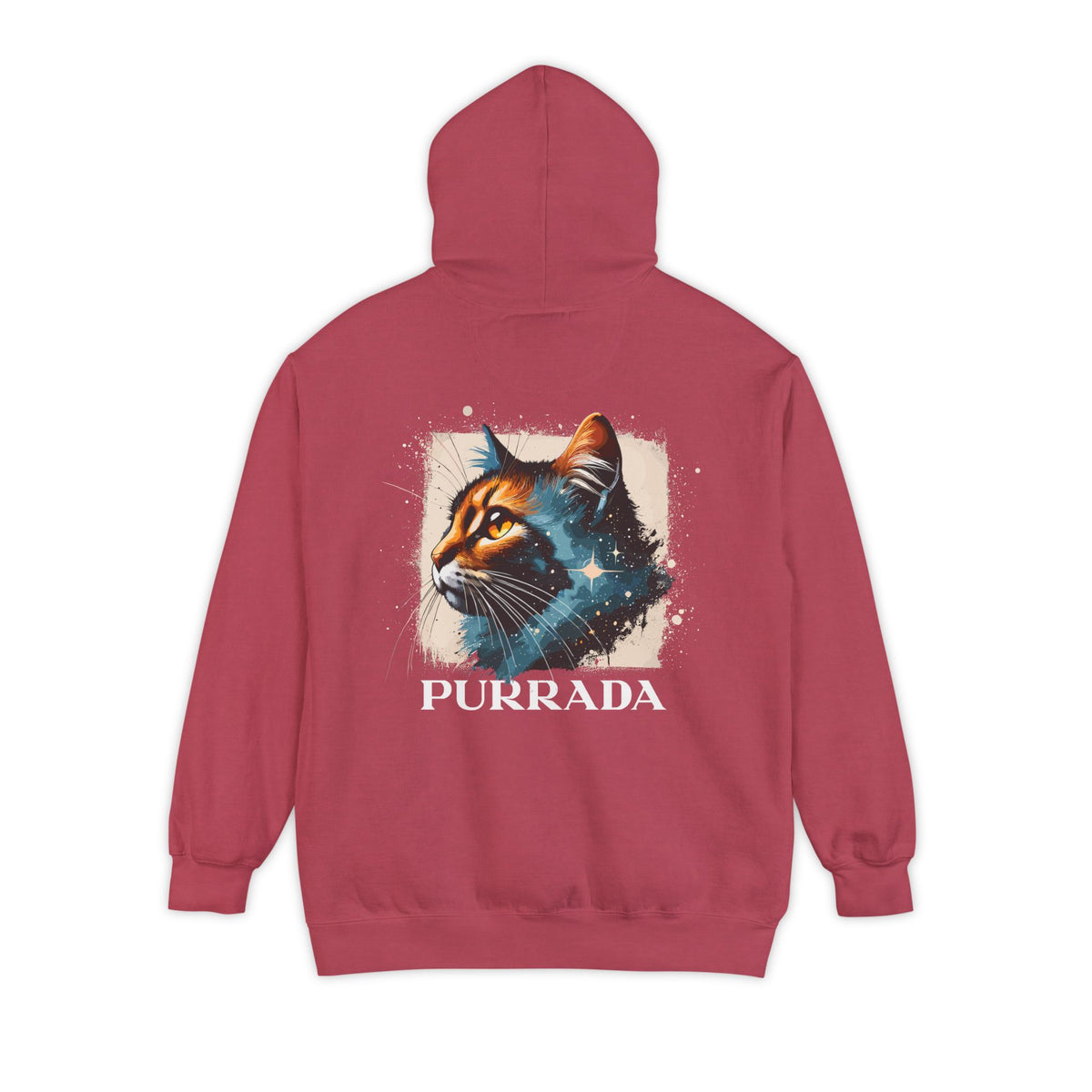 Purrada Chest Logo Cosmic Gaze Cat Graphic Hoodie in crimson, back view