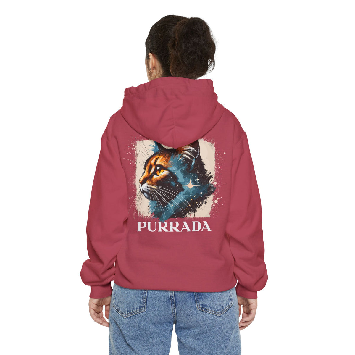 Purrada Chest Logo Cosmic Gaze Cat Graphic Hoodie in crimson, back view on a female model