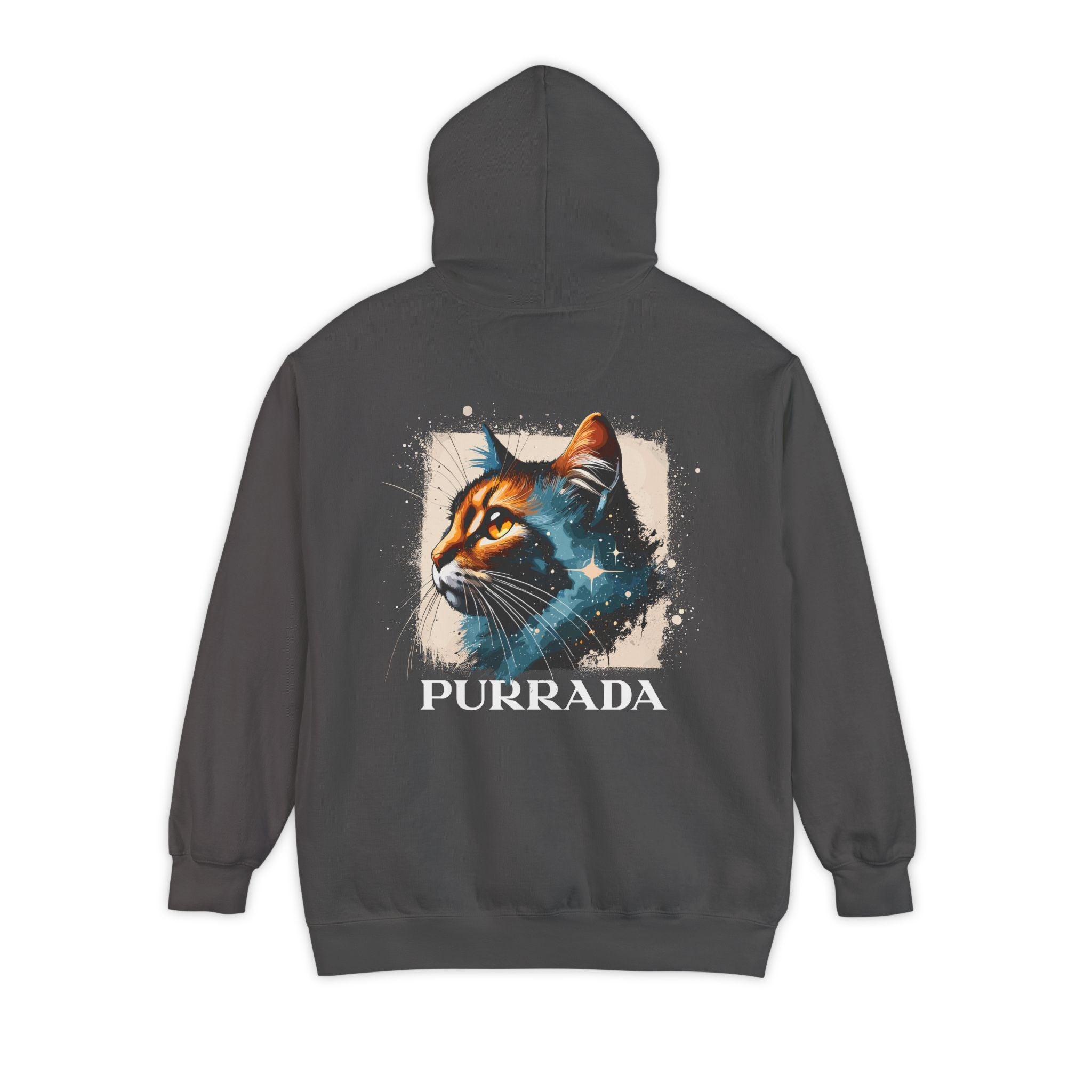 Purrada Chest Logo Cosmic Gaze Cat Graphic Hoodie in pepper, back view