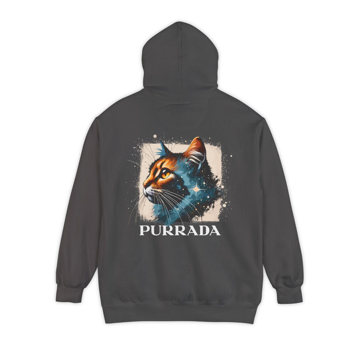 Purrada Chest Logo Cosmic Gaze Cat Graphic Hoodie in pepper, back view