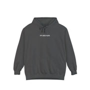 Purrada Chest Logo Cosmic Gaze Cat Graphic Hoodie in pepper, front view