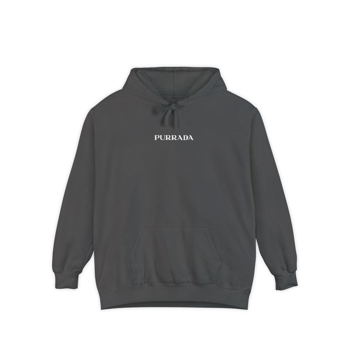 Purrada Chest Logo Cosmic Gaze Cat Graphic Hoodie in pepper, front view