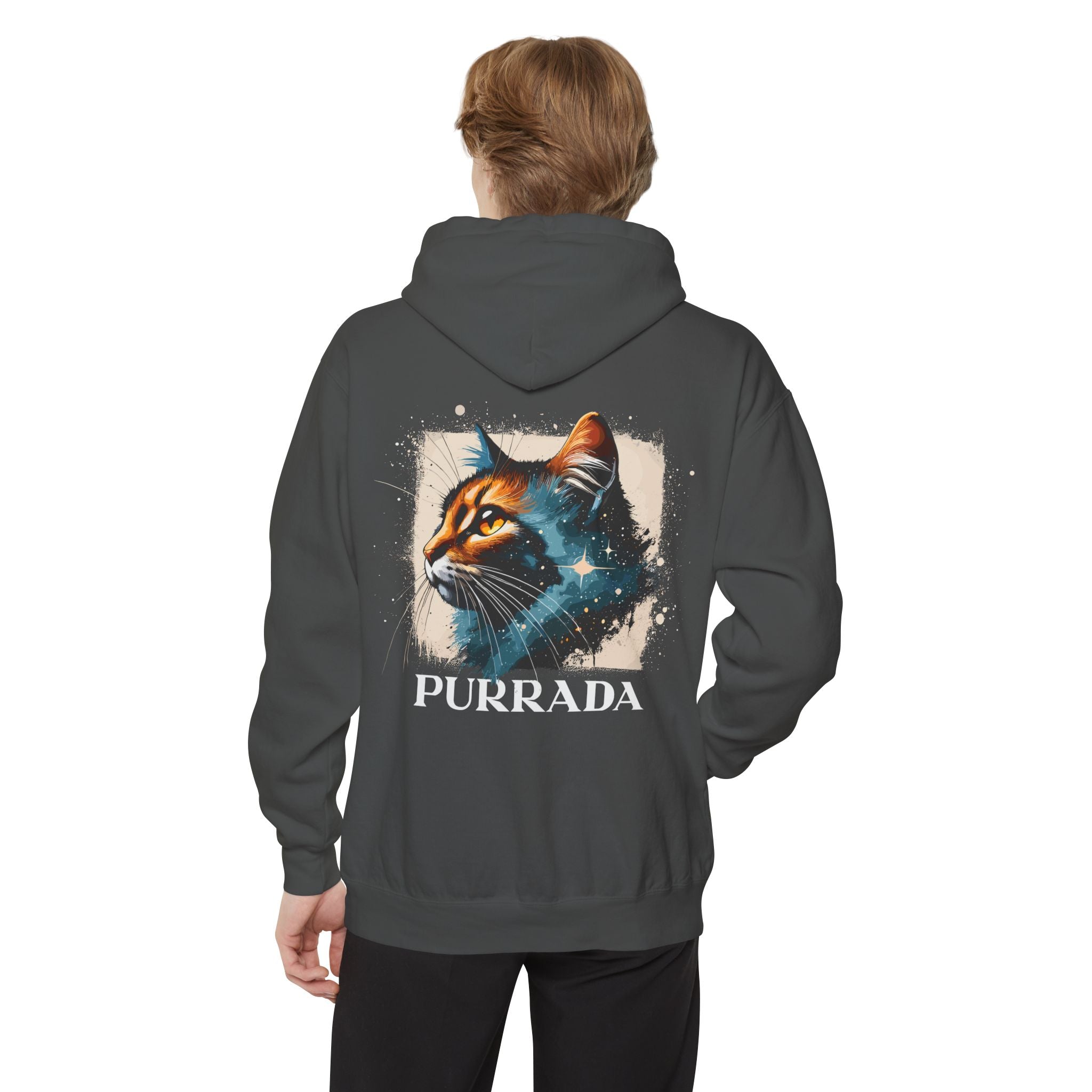 Purrada Chest Logo Cosmic Gaze Cat Graphic Hoodie in pepper, back view on a male model