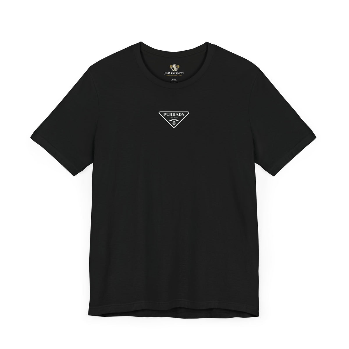 Purrada Chest Logo Parody T-Shirt in black, front view