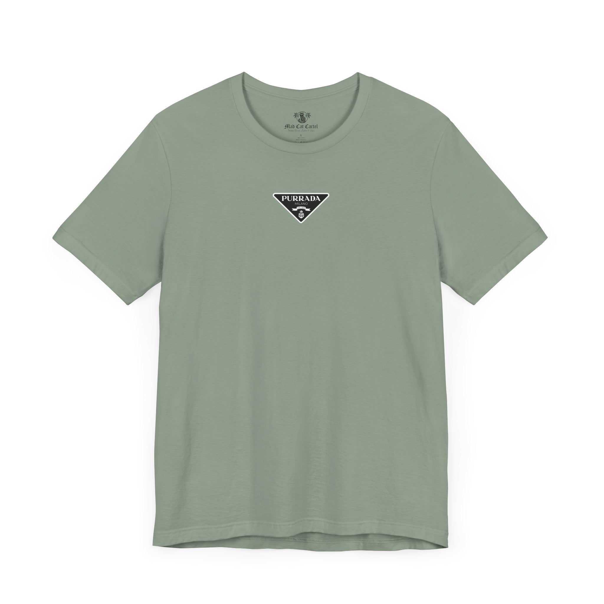 Purrada Chest Logo Parody T-Shirt in sage, front view